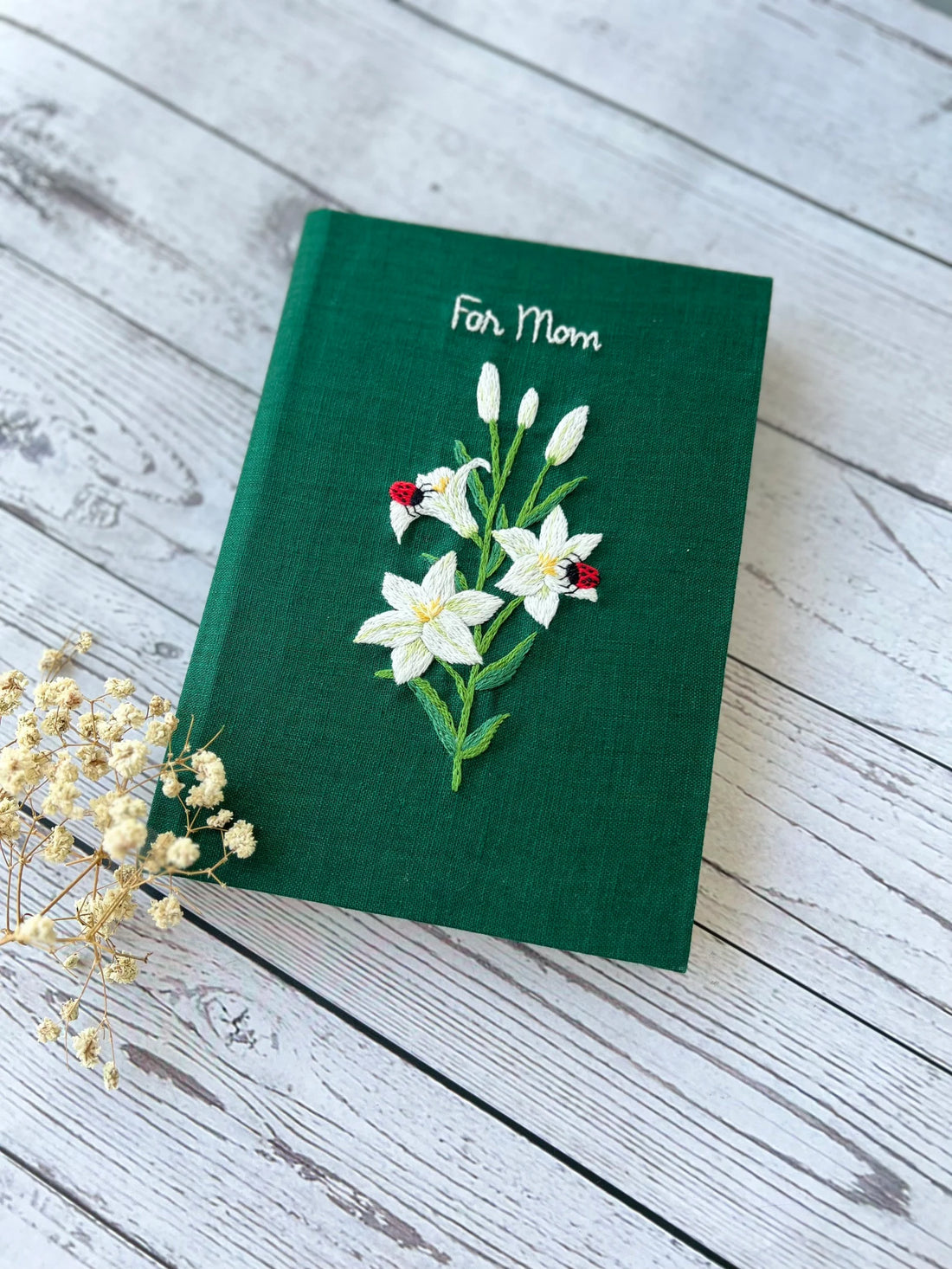 Lily & Ladybird Embroidered Journal A5 by The Thread Nest, hand-embroidered linen cover, photo 1