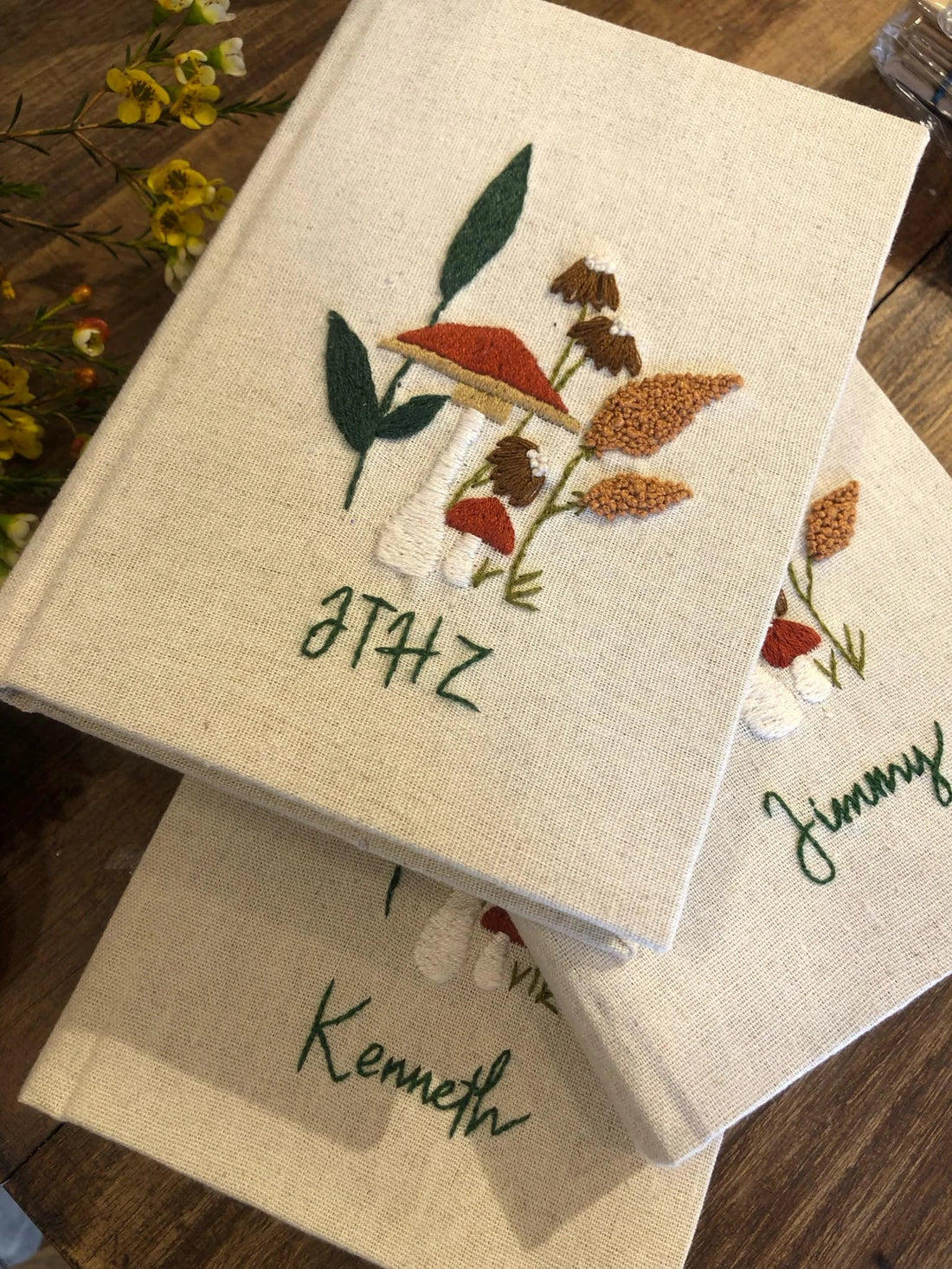 Mushroom & Wheat Embroidered Journal, Personalised by The Thread Nest, hand-embroidered linen cover, photo 1