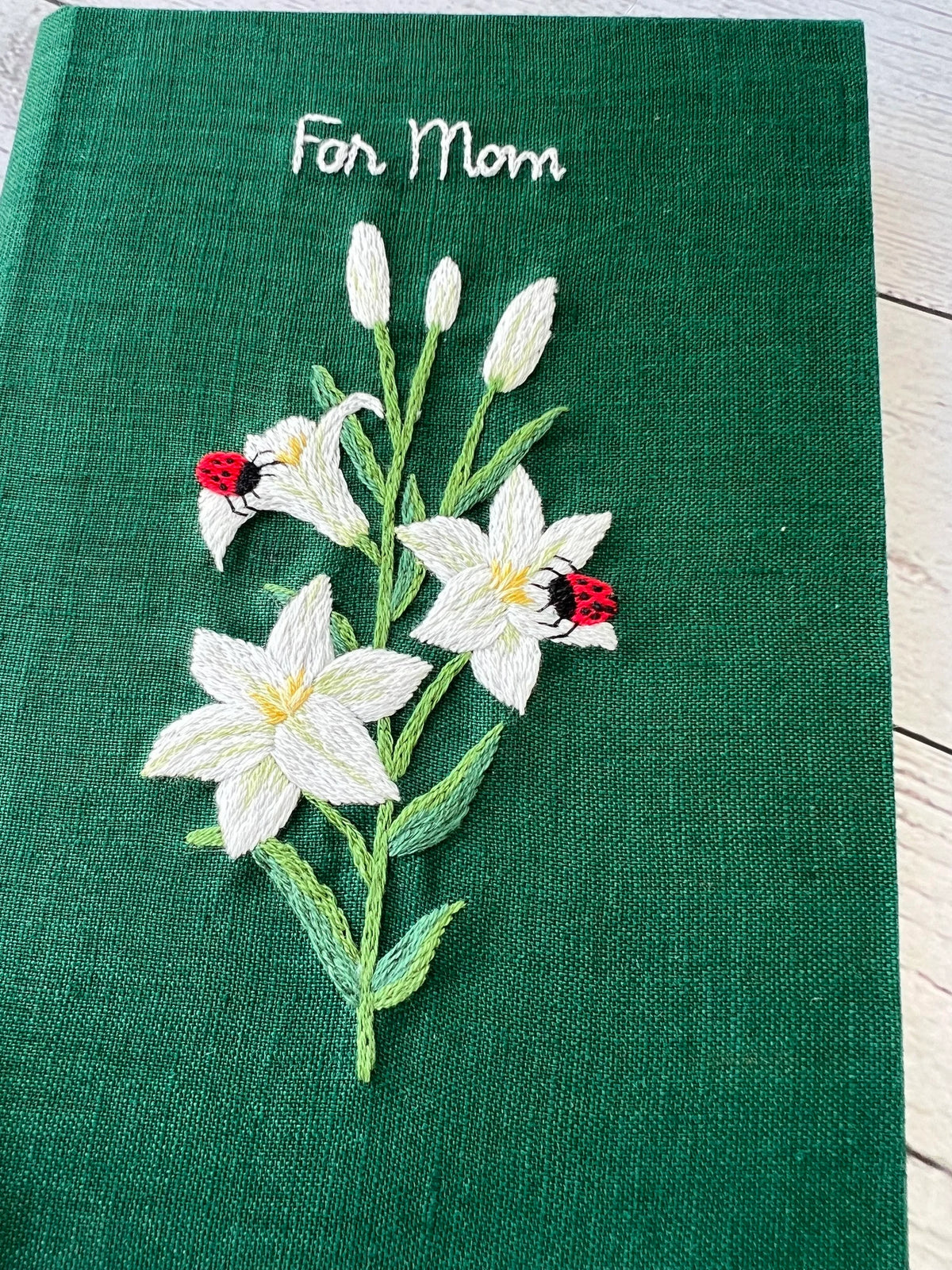 Lily & Ladybird Embroidered Journal A5 by The Thread Nest, hand-embroidered linen cover, photo 3