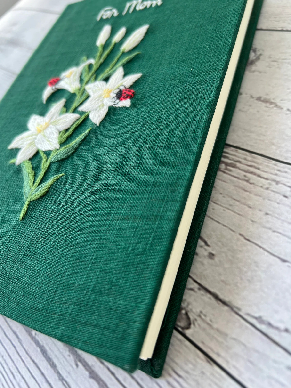 Lily & Ladybird Embroidered Journal A5 by The Thread Nest, hand-embroidered linen cover, photo 4
