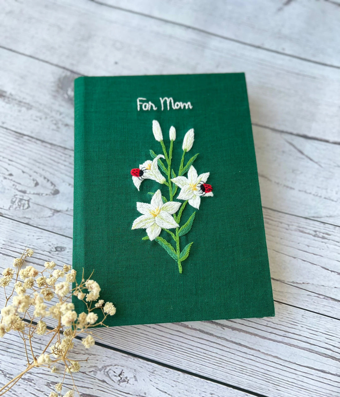 Lily & Ladybird Embroidered Journal A5 by The Thread Nest, hand-embroidered linen cover, photo 1