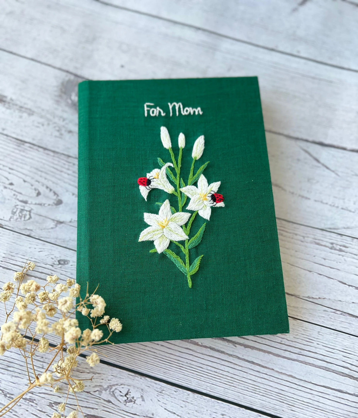 Lily & Ladybird Embroidered Journal A5 by The Thread Nest, hand-embroidered linen cover, photo 1