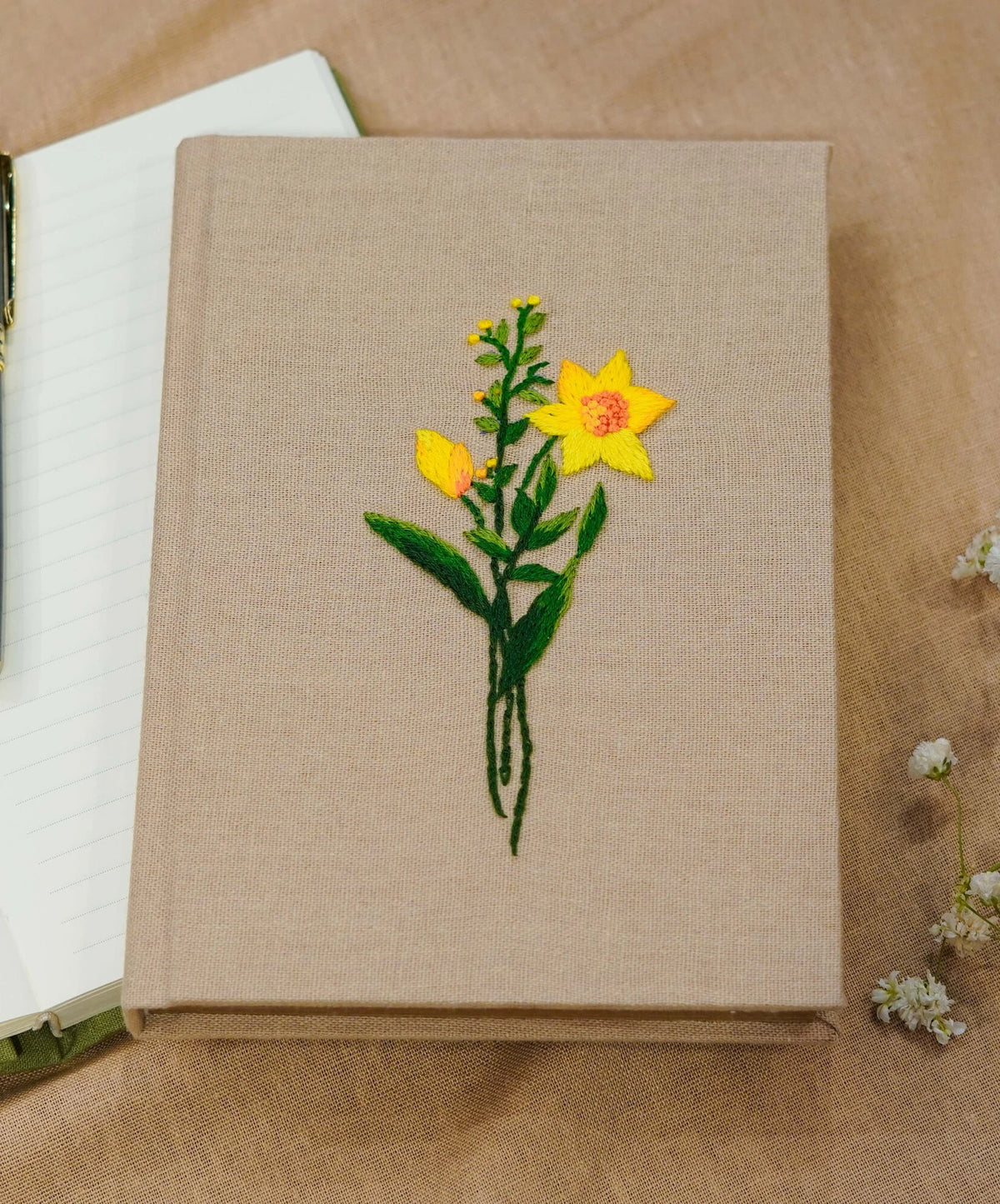 Birth Month Flower Embroidered Journal, A5 or A6 by The Thread Nest, hand-embroidered linen cover, photo 3