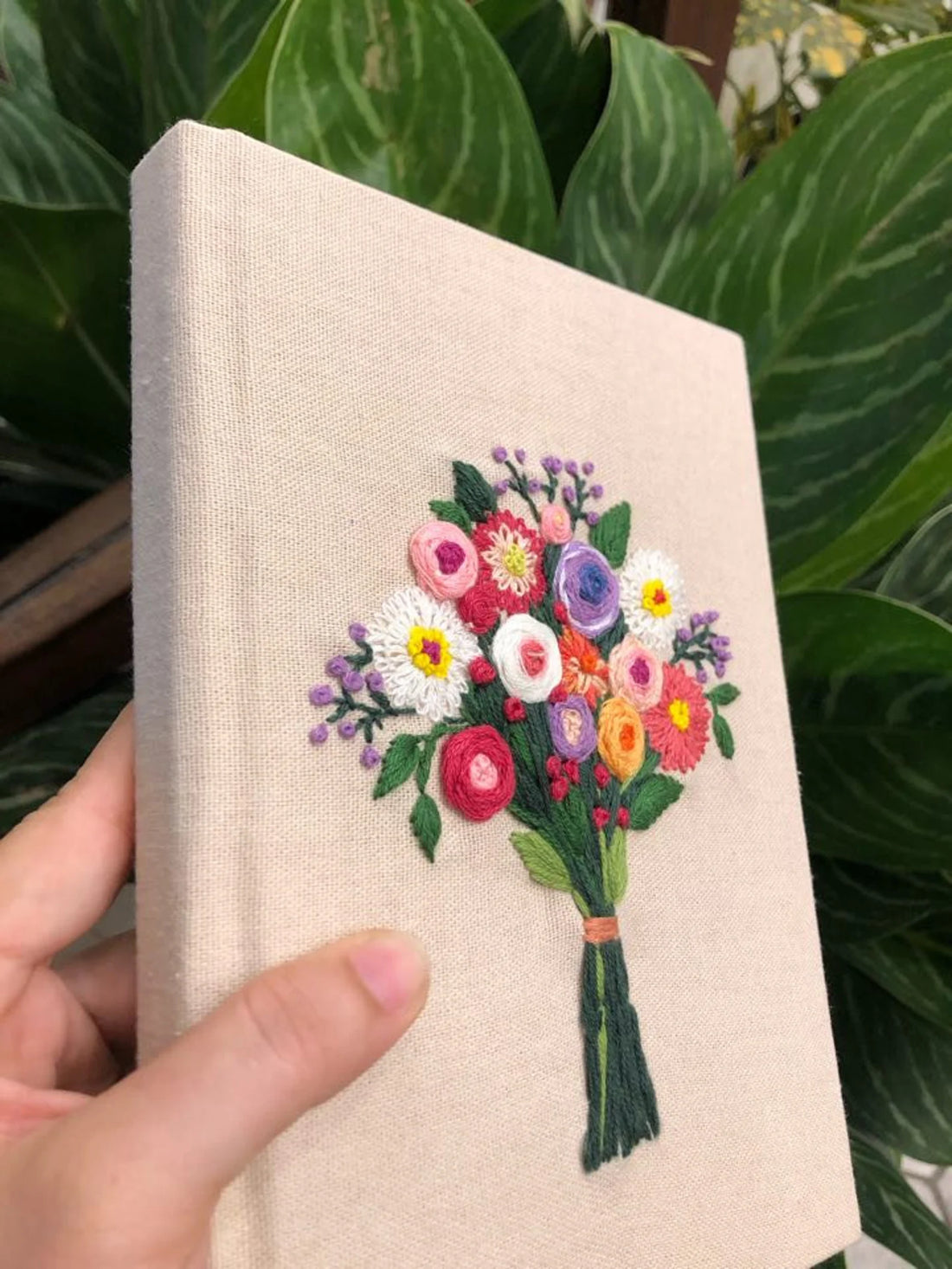 Floral Bouquet Embroidered Journal A5 by The Thread Nest, hand-embroidered linen cover, photo 1