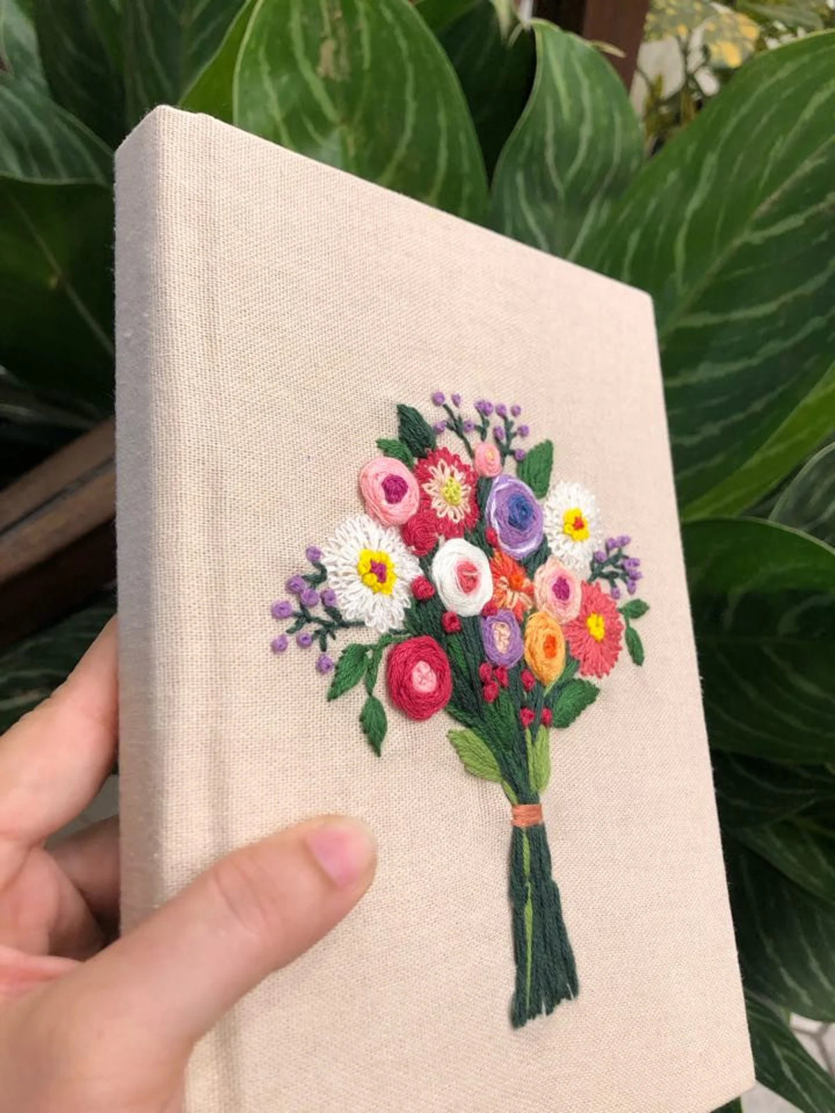 Floral Bouquet Embroidered Journal A5 by The Thread Nest, hand-embroidered linen cover, photo 2
