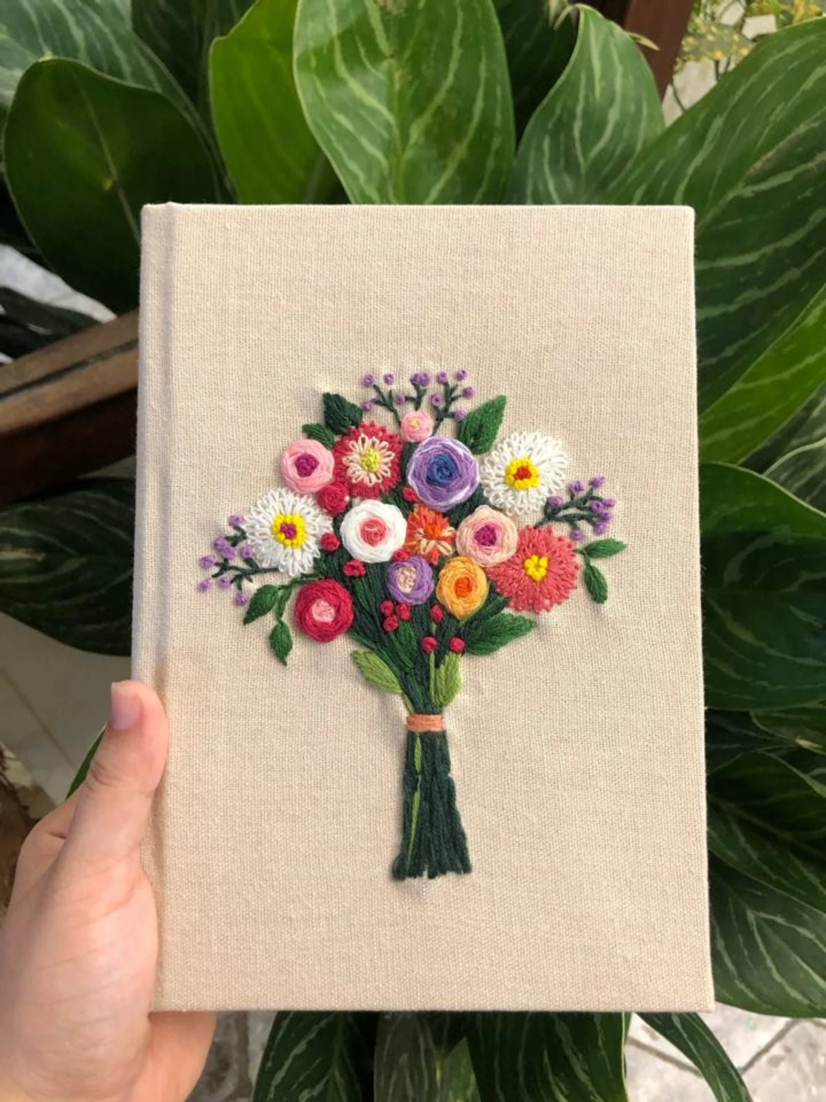 Floral Bouquet Embroidered Journal A5 by The Thread Nest, hand-embroidered linen cover, photo 1