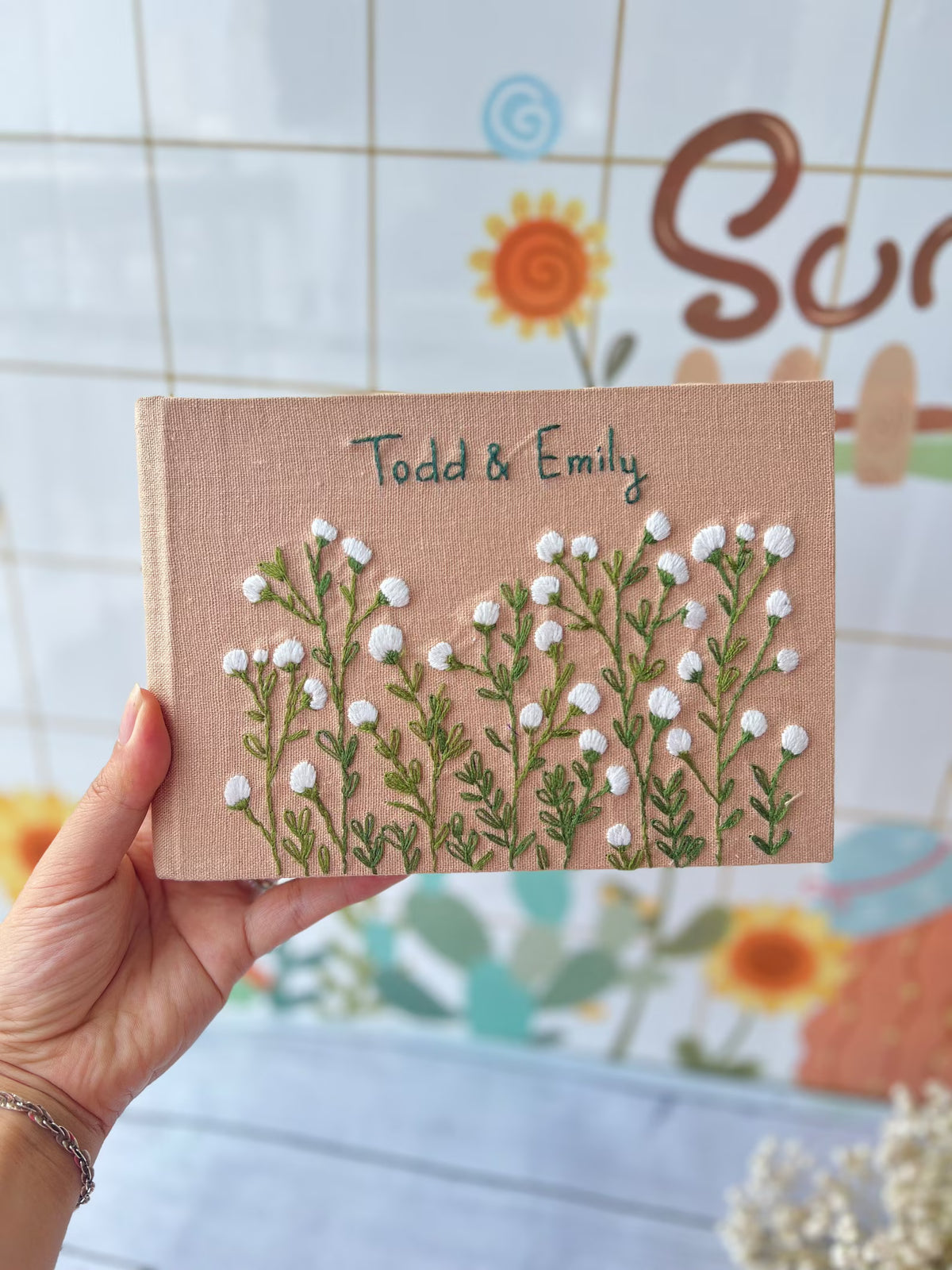 Memory Book with Your Names by The Thread Nest, hand-embroidered linen cover, photo 4