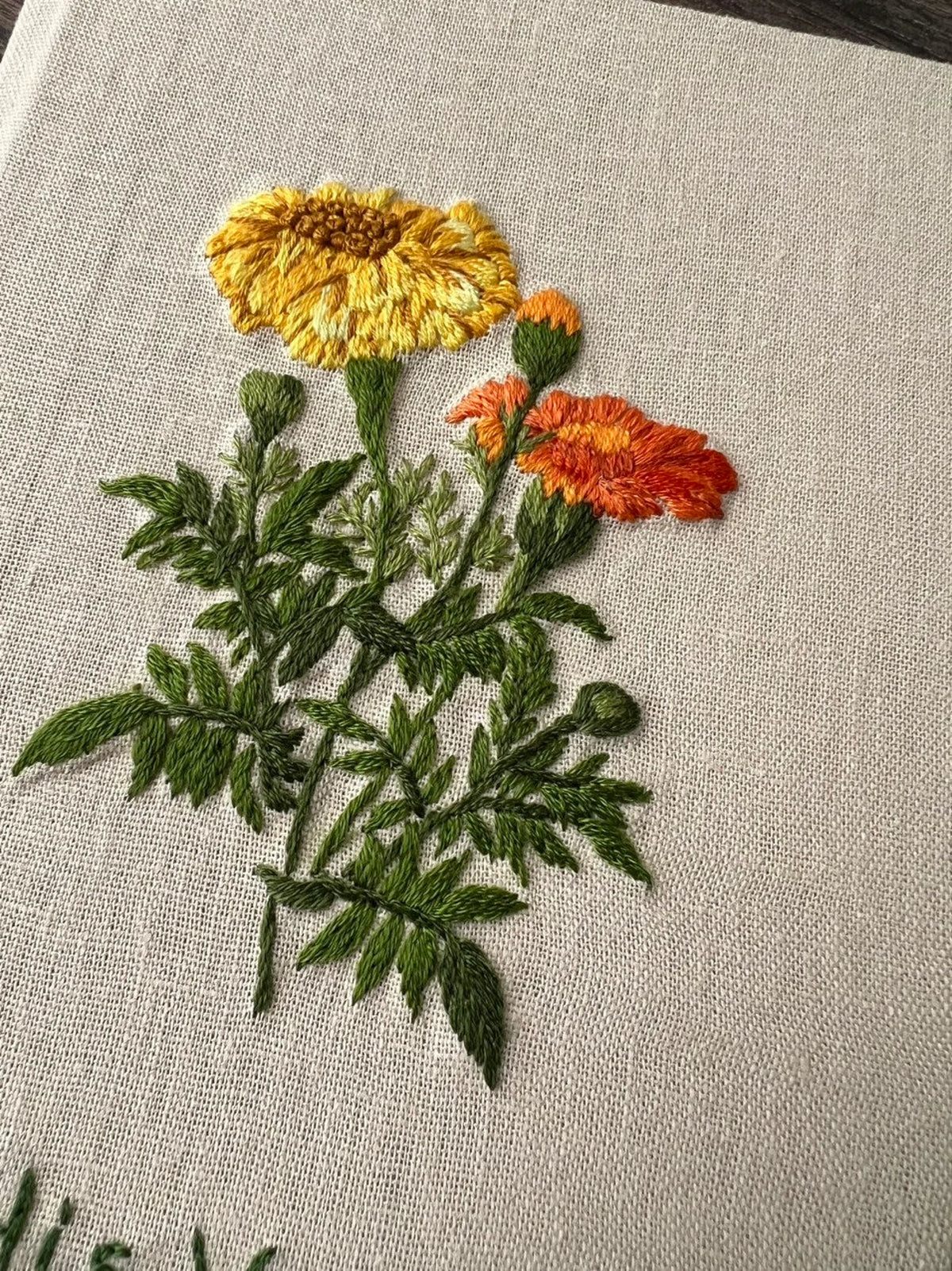 Marigold Embroidered Journal A5, Personalise the Cover by The Thread Nest, hand-embroidered linen cover, photo 3