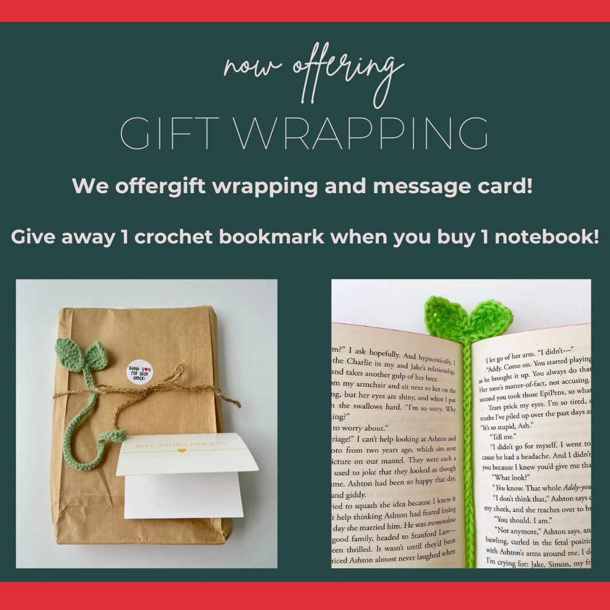 Gift wrapping with a crochet leaf bookmark and a handwritten card