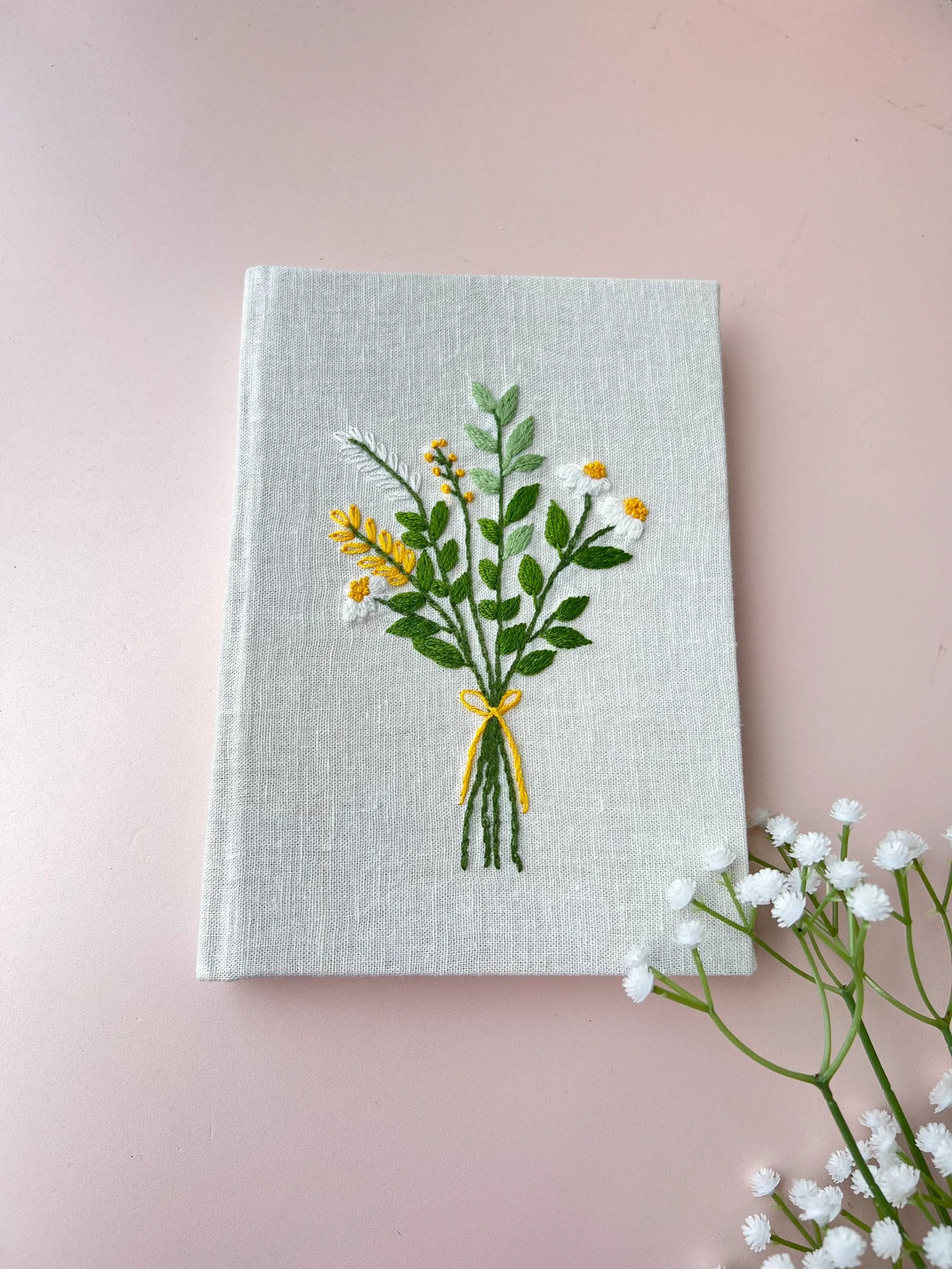 Yellow Wildflower Bouquet Journal, A5 or A6 by The Thread Nest, hand-embroidered linen cover, photo 1