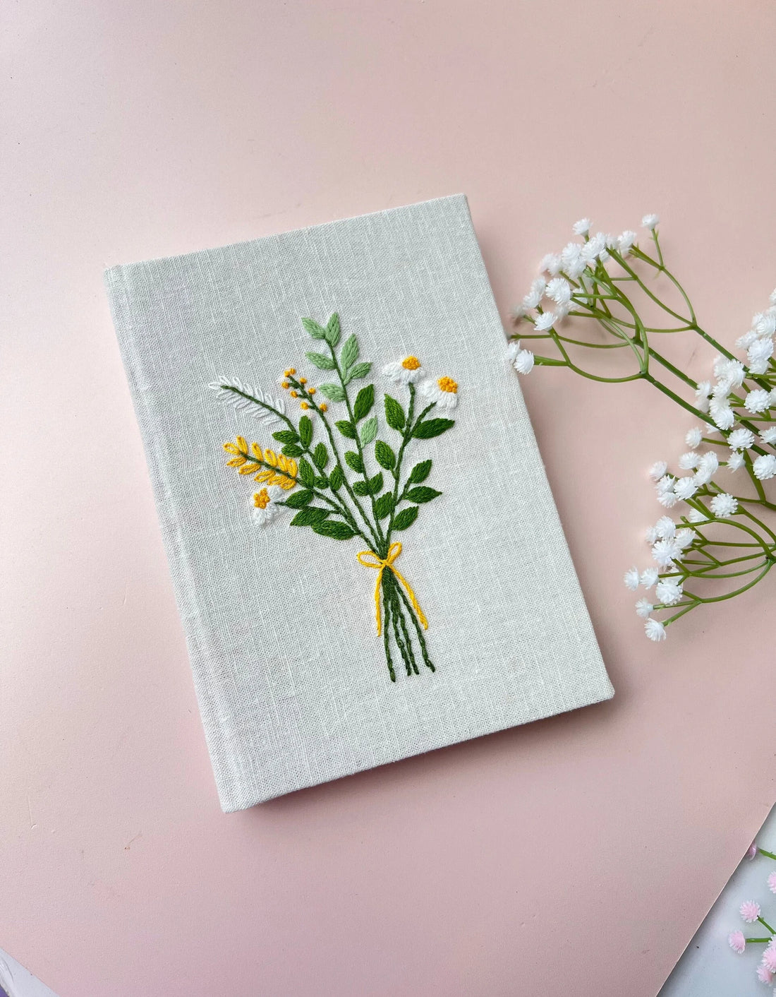 Yellow Wildflower Bouquet Journal, A5 or A6 by The Thread Nest, hand-embroidered linen cover, photo 1