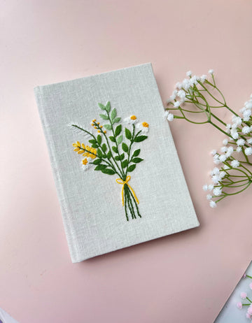 Yellow Wildflower Bouquet Journal, A5 or A6 by The Thread Nest, hand-embroidered linen cover, photo 1
