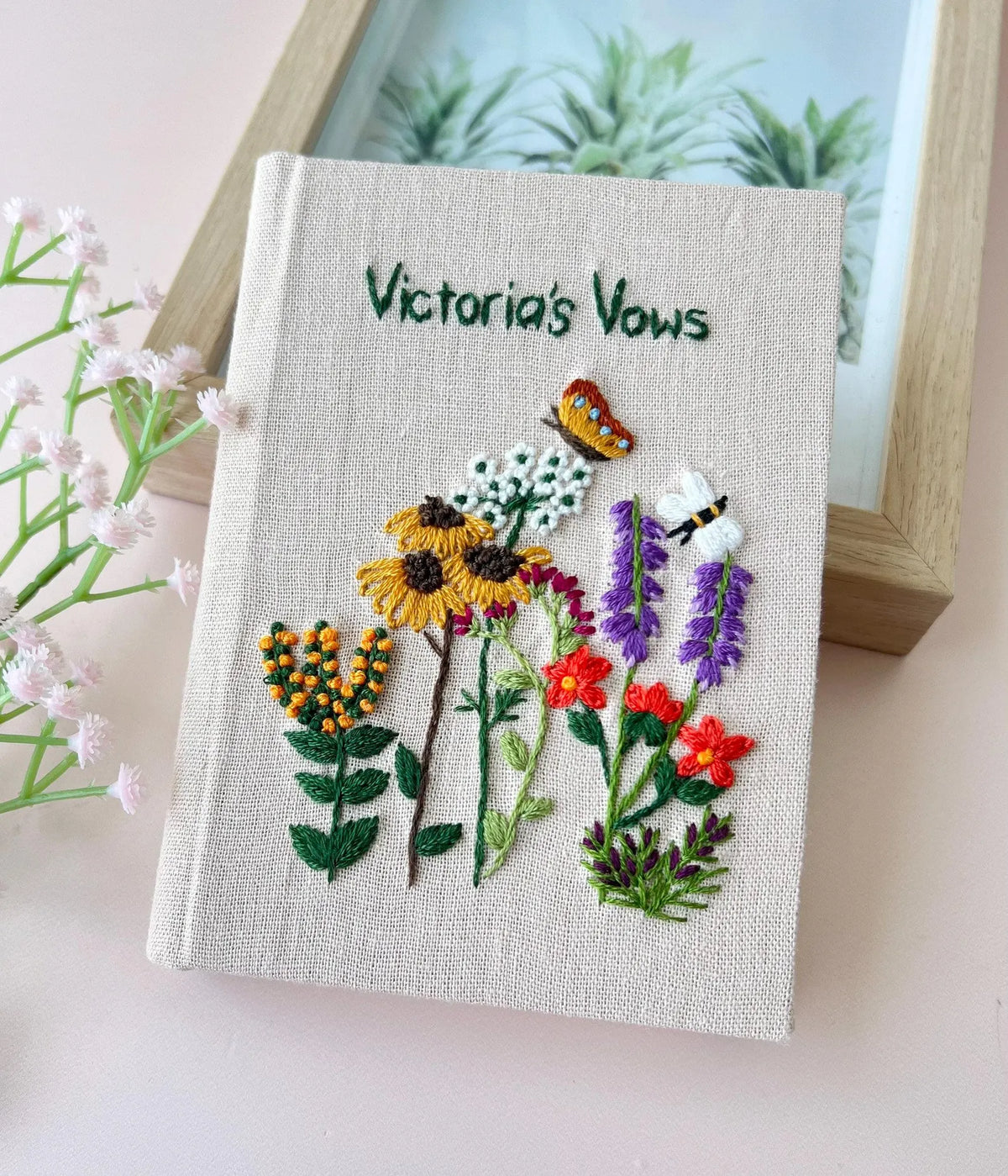 Personalised Vow Book, Mountain or Floral by The Thread Nest, hand-embroidered linen cover, photo 4