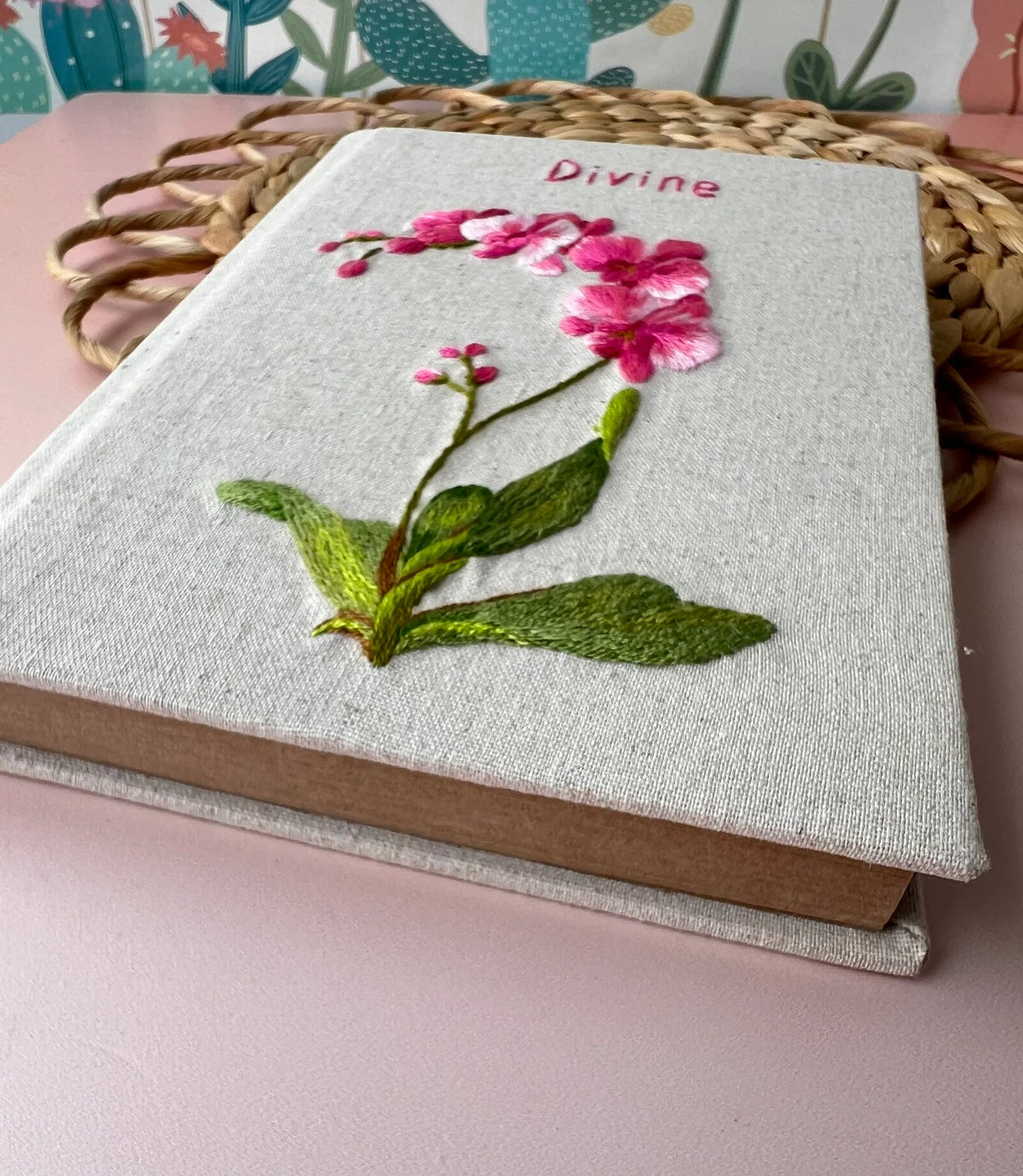 Orchid Embroidered Journal A5, Personalised by The Thread Nest, hand-embroidered linen cover, photo 3