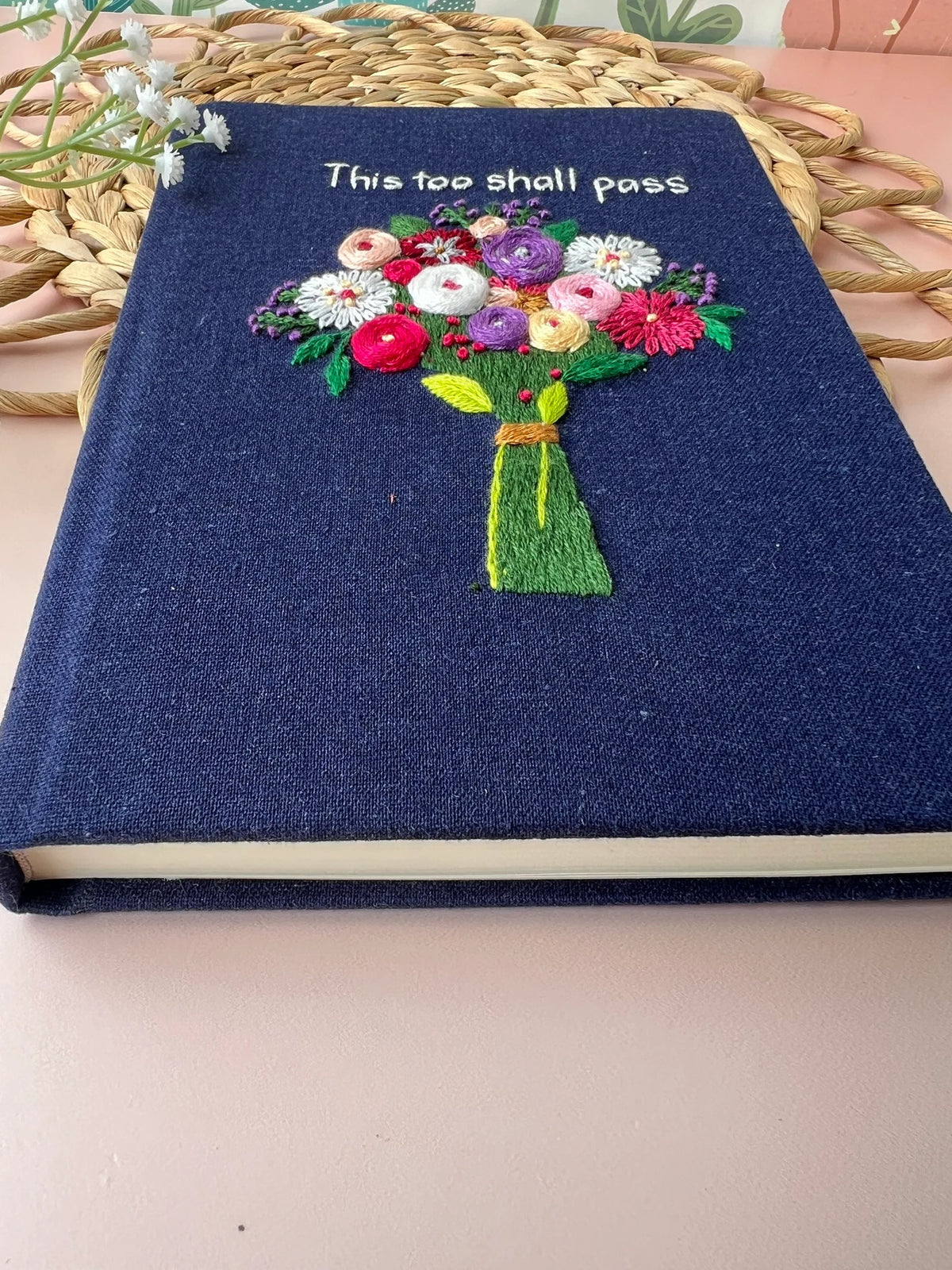 Floral Bouquet Embroidered Journal A5 by The Thread Nest, hand-embroidered linen cover, photo 7