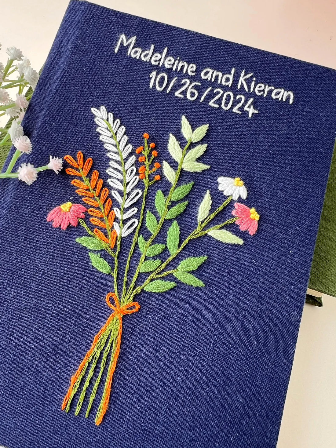 Navy Linen Journal with White Bouquet, Personalised by The Thread Nest, hand-embroidered linen cover, photo 1
