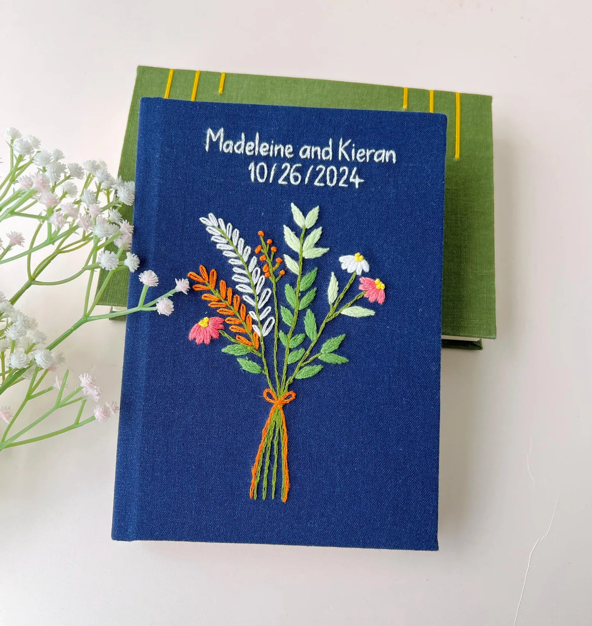 Navy Linen Journal with White Bouquet, Personalised by The Thread Nest, hand-embroidered linen cover, photo 1