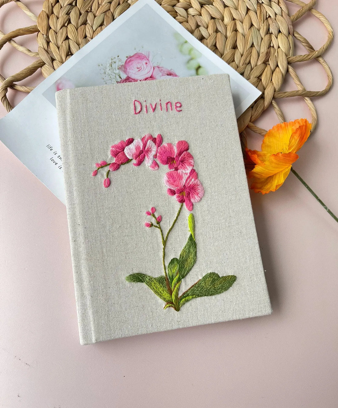 Orchid Embroidered Journal A5, Personalised by The Thread Nest, hand-embroidered linen cover, photo 1