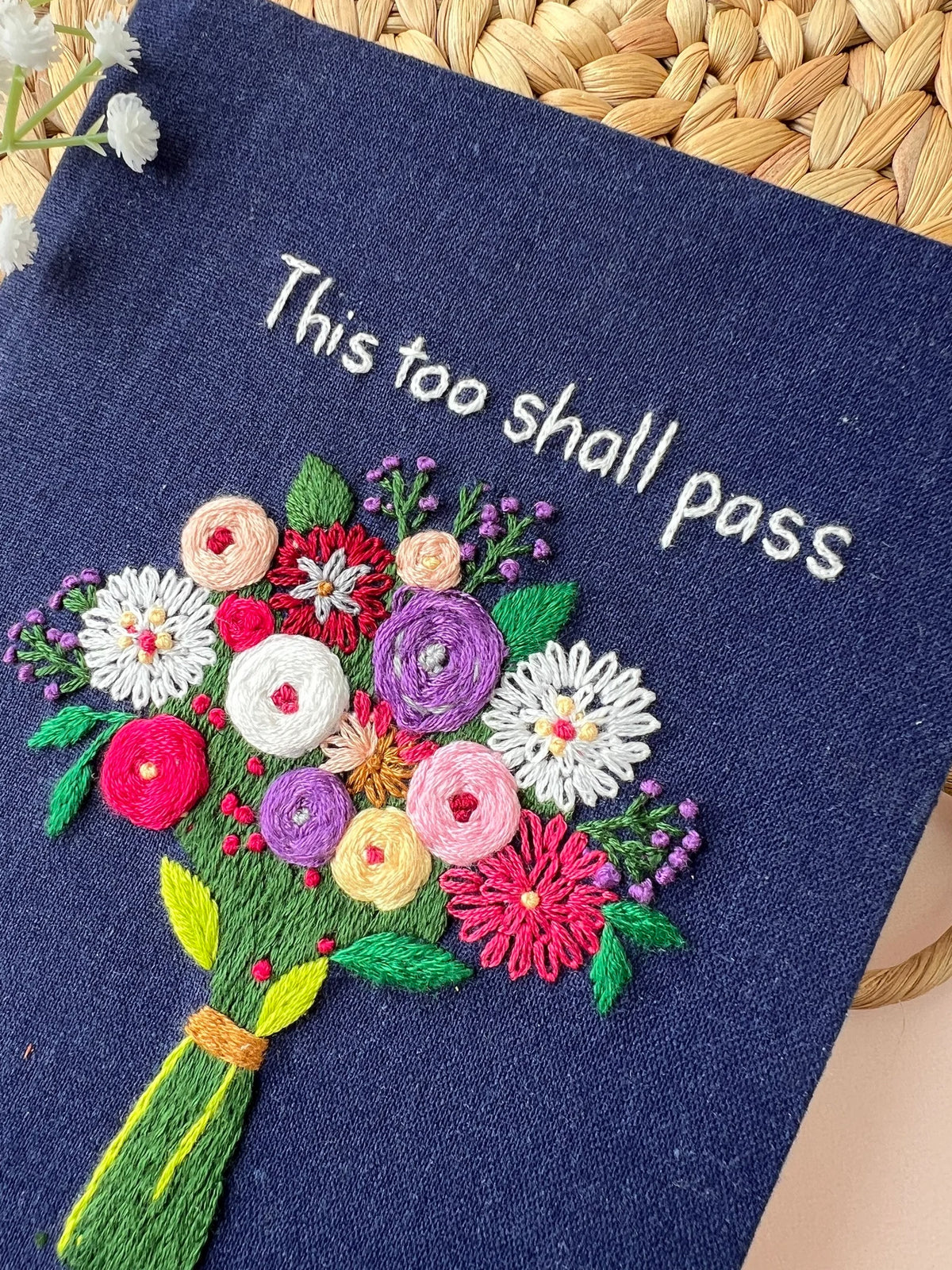 Floral Bouquet Embroidered Journal A5 by The Thread Nest, hand-embroidered linen cover, photo 5