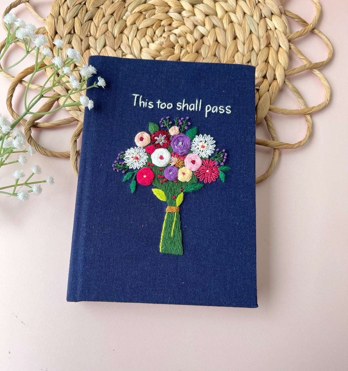 Floral Bouquet Embroidered Journal A5 by The Thread Nest, hand-embroidered linen cover, photo 4