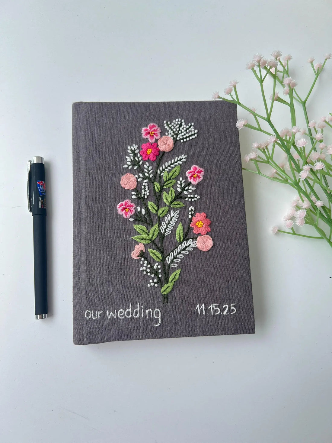 Our Wedding Grey Linen Journal with Date by The Thread Nest, hand-embroidered linen cover, photo 1