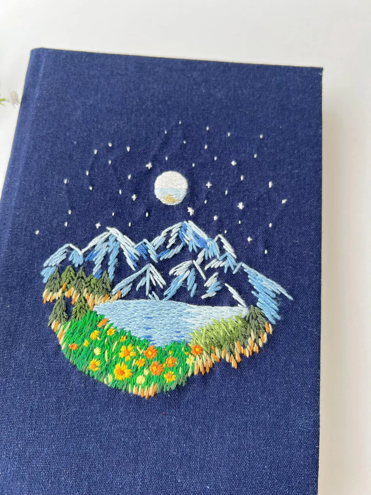 Mountain, Lake & Moon Embroidered Journal by The Thread Nest, hand-embroidered linen cover, photo 4