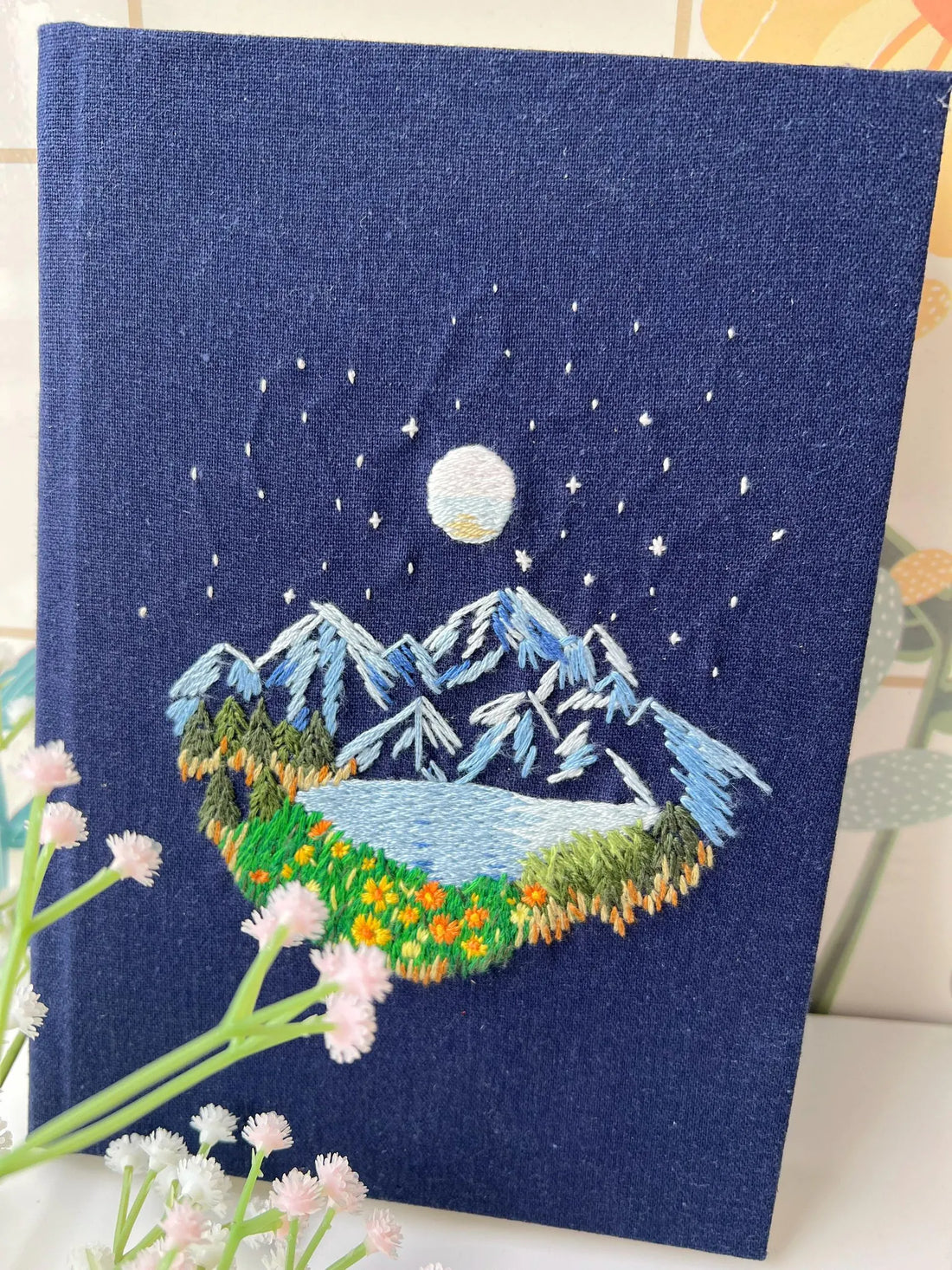 Mountain, Lake & Moon Embroidered Journal by The Thread Nest, hand-embroidered linen cover, photo 1