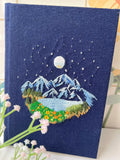 Mountain, Lake & Moon Embroidered Journal by The Thread Nest, hand-embroidered linen cover, photo 2