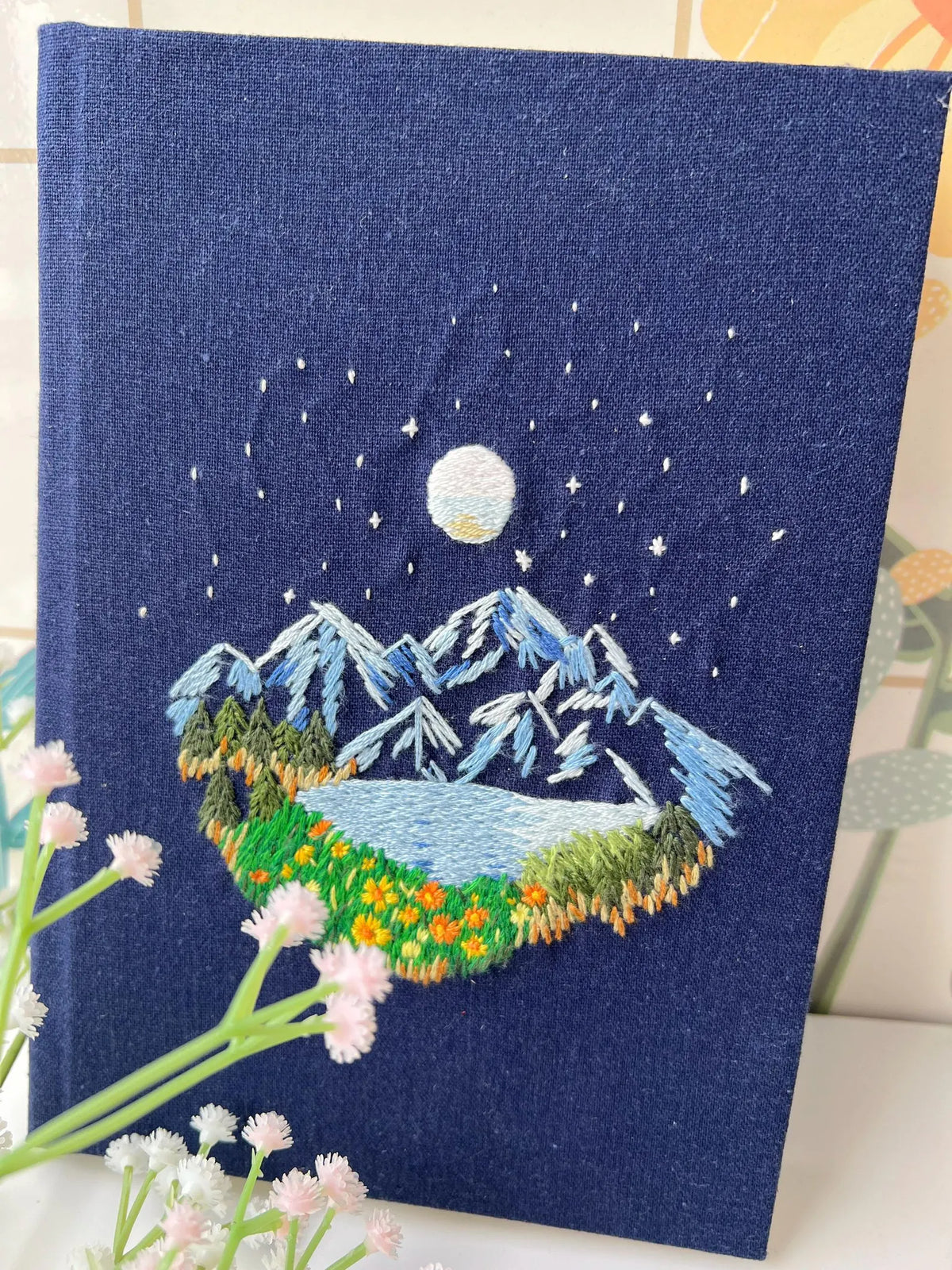 Mountain, Lake & Moon Embroidered Journal by The Thread Nest, hand-embroidered linen cover, photo 2