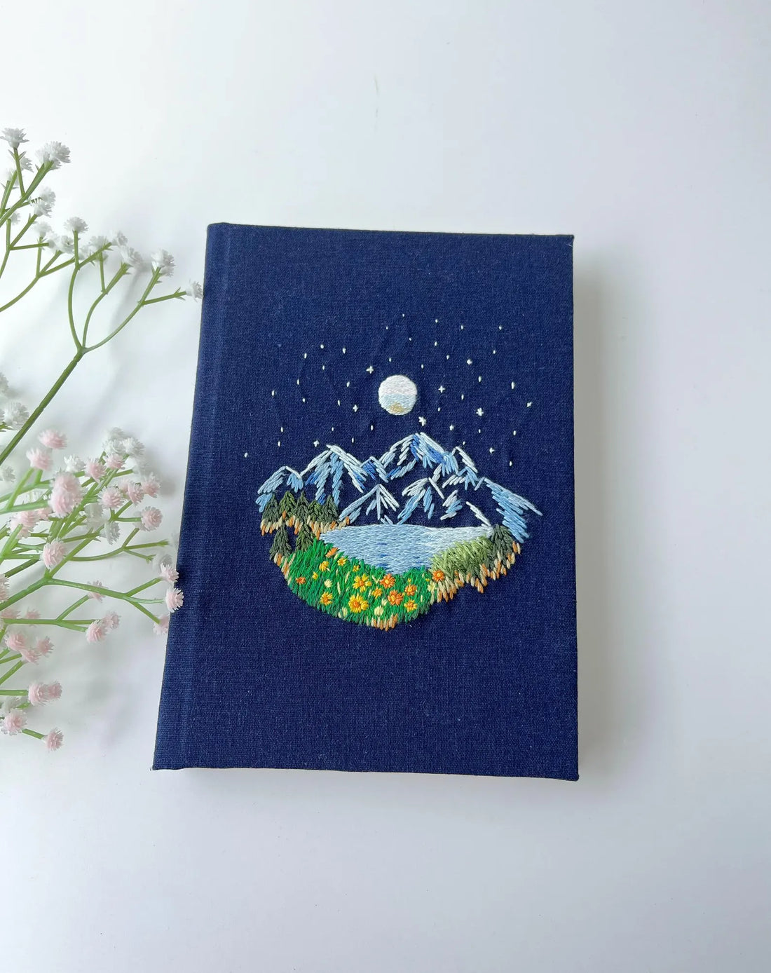 Mountain, Lake & Moon Embroidered Journal by The Thread Nest, hand-embroidered linen cover, photo 1