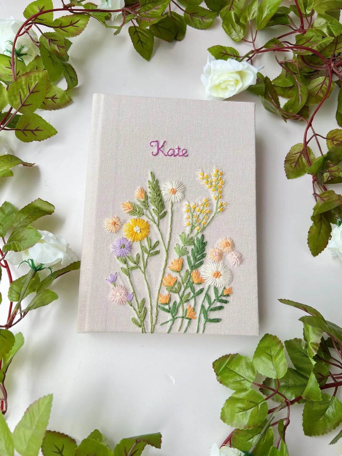Floral Wreath Journal with Your Own Title by The Thread Nest, hand-embroidered linen cover, photo 5