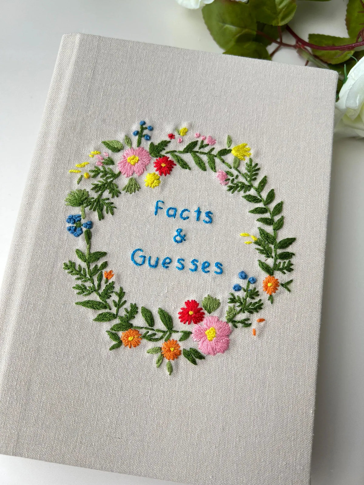 Floral Wreath Journal with Your Own Title by The Thread Nest, hand-embroidered linen cover, photo 3