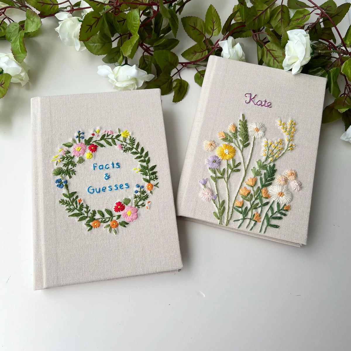 Floral Wreath Journal with Your Own Title by The Thread Nest, hand-embroidered linen cover, photo 4