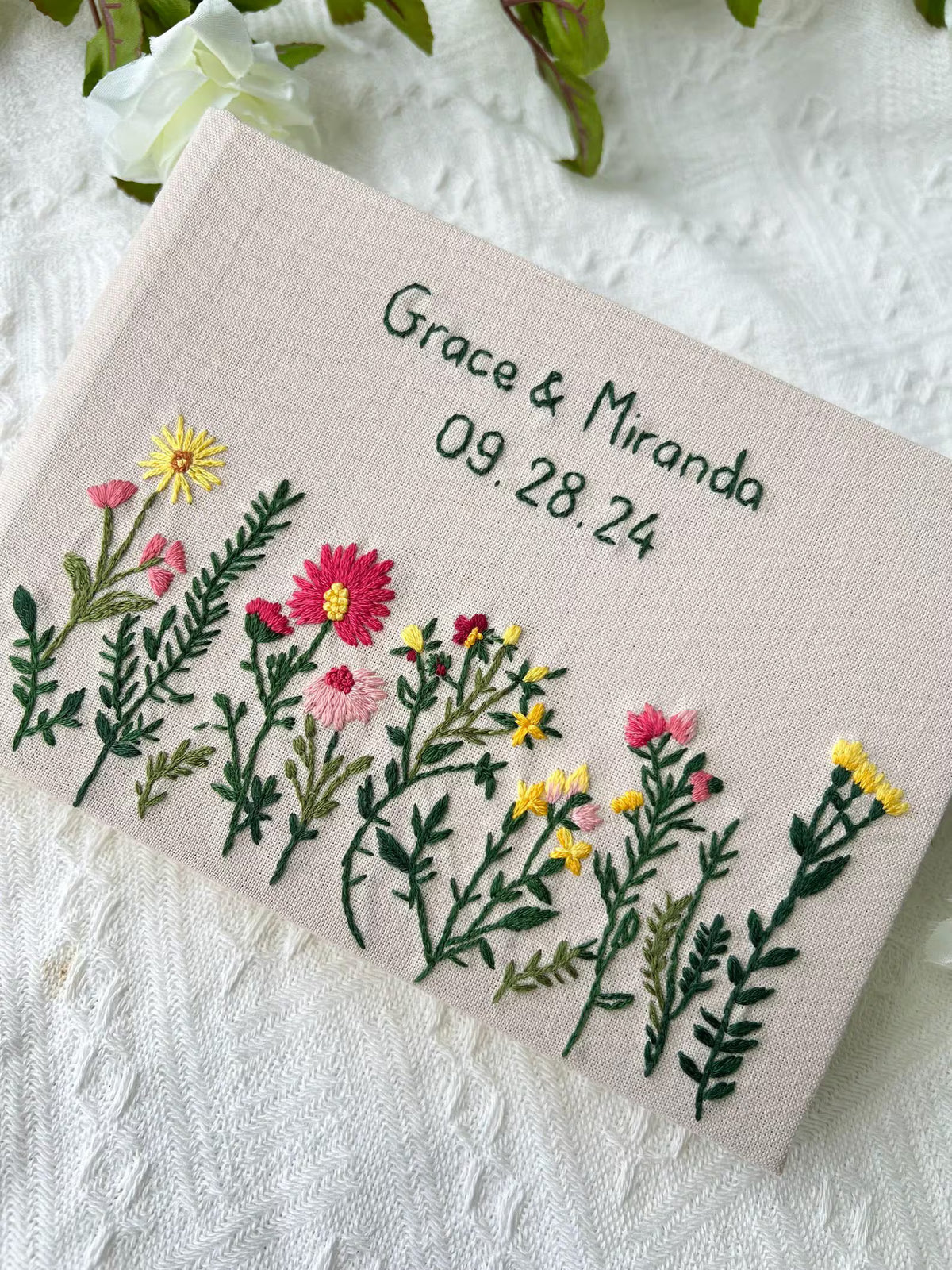 Personalised Guest Book, Your Own Words by The Thread Nest, hand-embroidered linen cover, photo 2