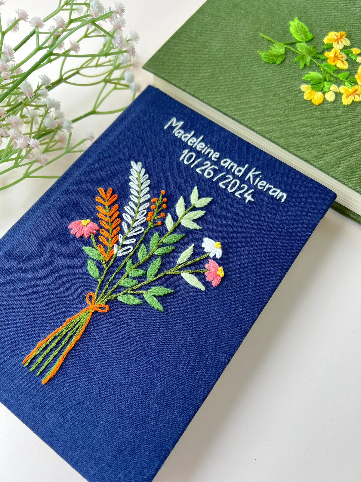 Navy Linen Journal with White Bouquet, Personalised by The Thread Nest, hand-embroidered linen cover, photo 3