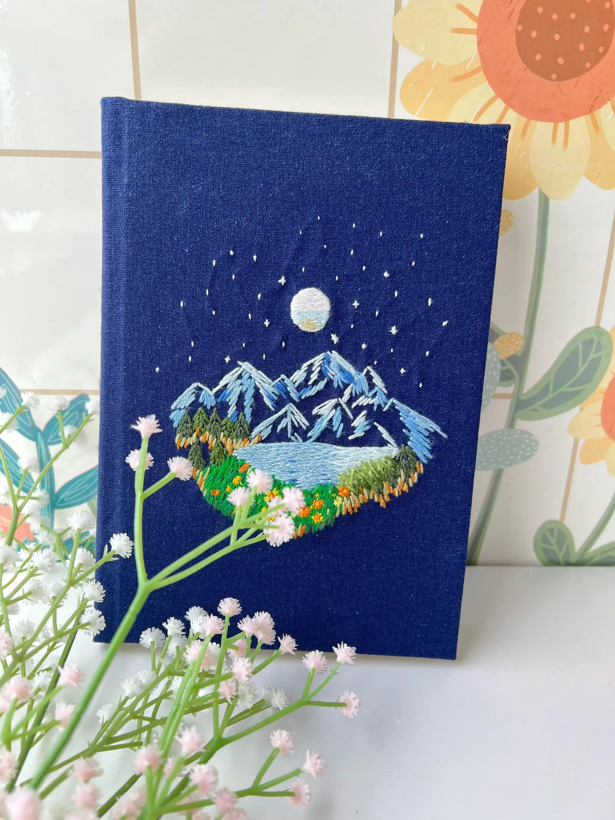 Mountain, Lake & Moon Embroidered Journal by The Thread Nest, hand-embroidered linen cover, photo 3
