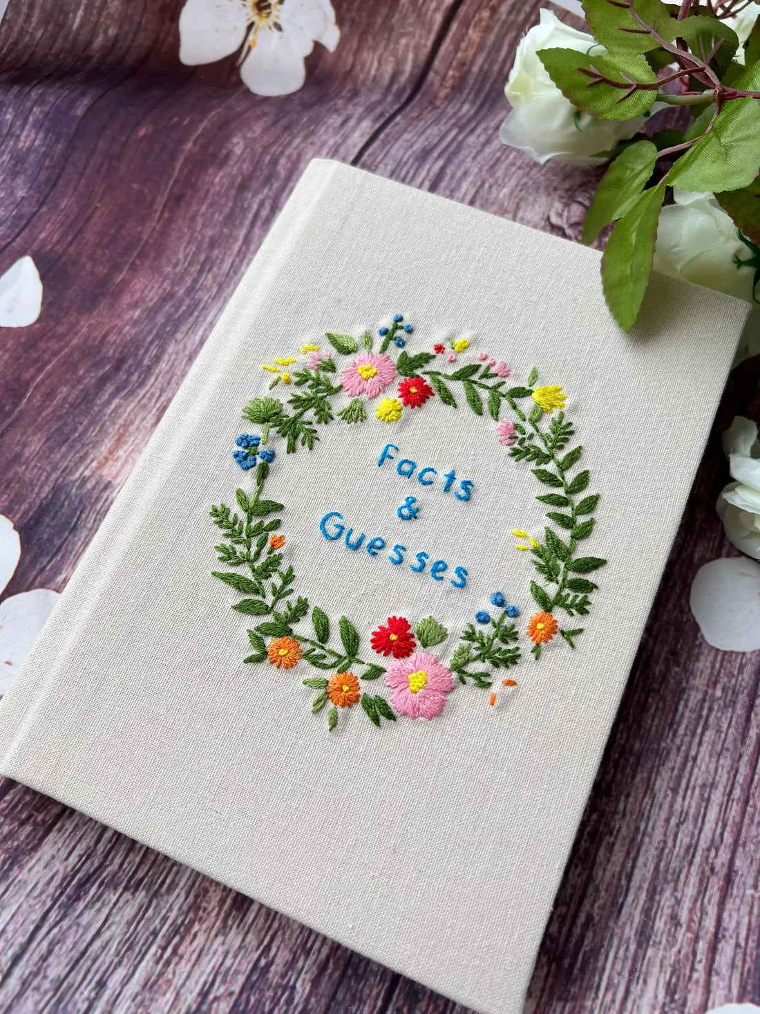 Floral Wreath Journal with Your Own Title by The Thread Nest, hand-embroidered linen cover, photo 1