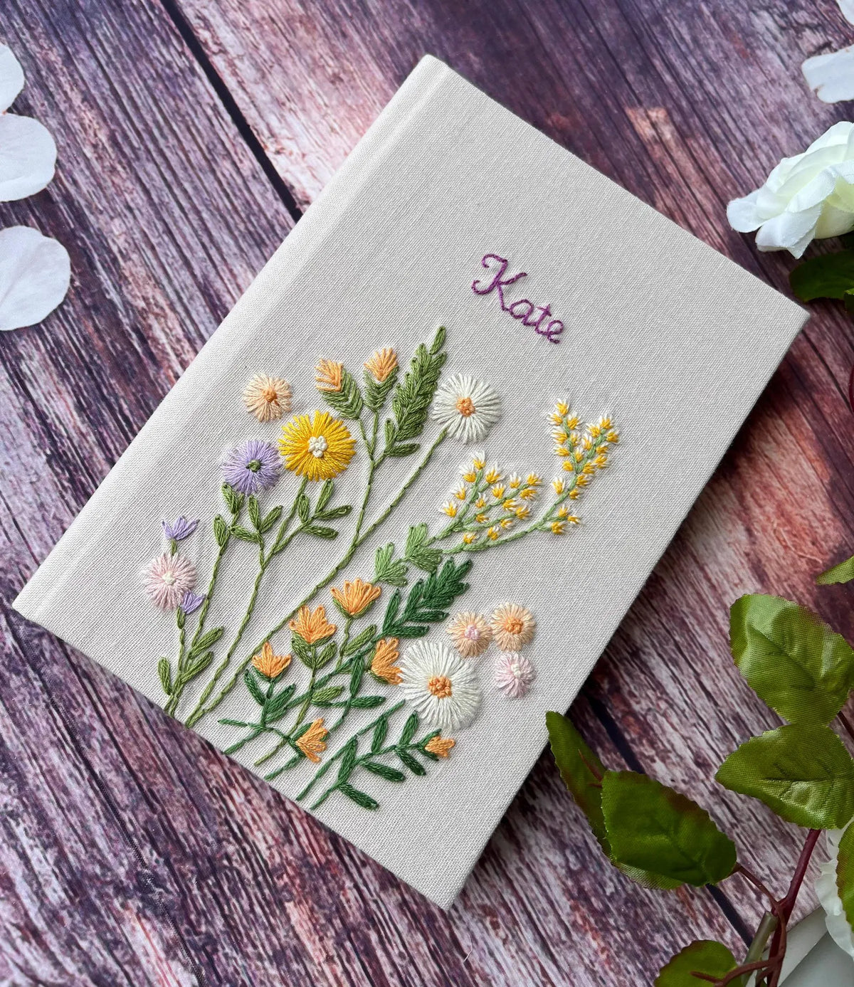 Floral Wreath Journal with Your Own Title by The Thread Nest, hand-embroidered linen cover, photo 6
