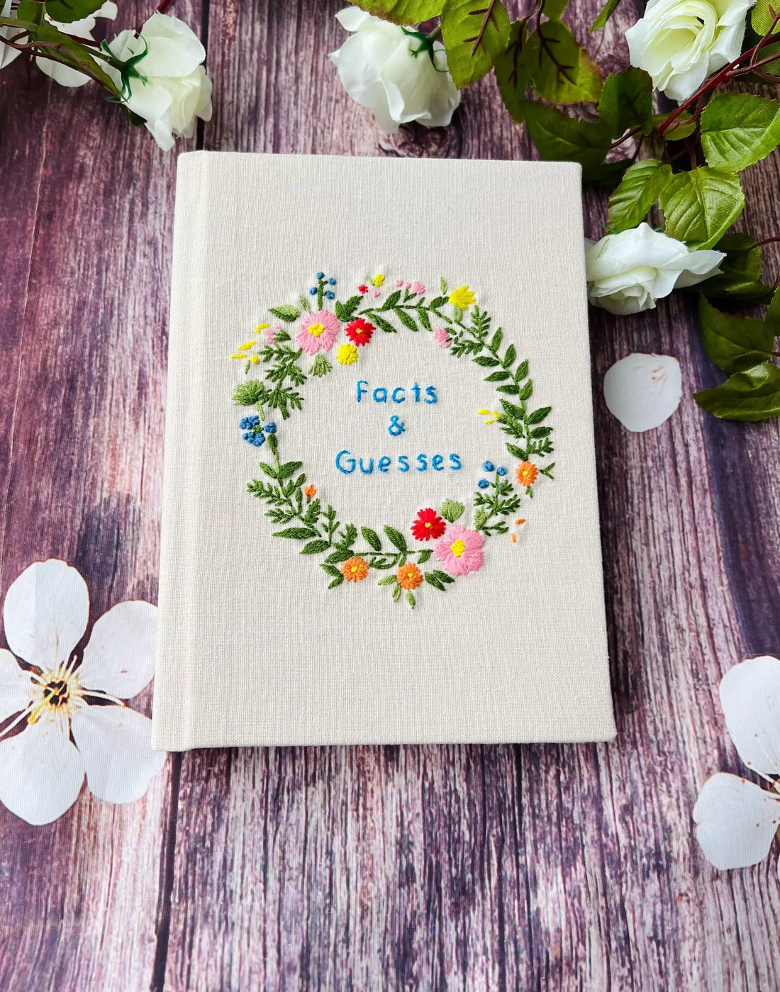 Floral Wreath Journal with Your Own Title by The Thread Nest, hand-embroidered linen cover, photo 1