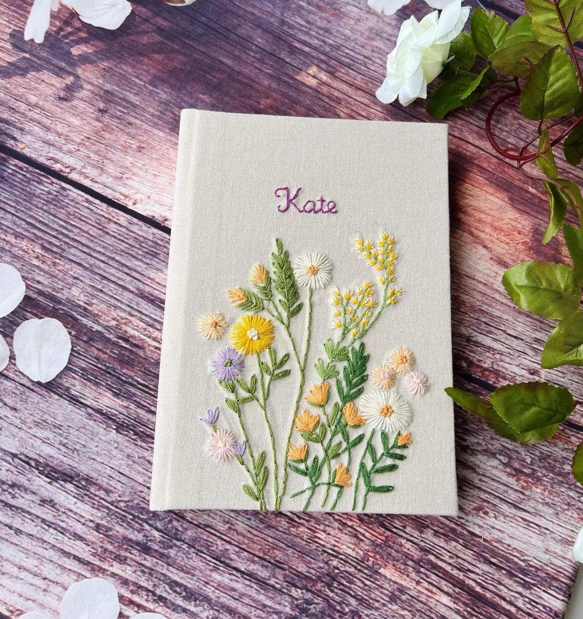 Floral Wreath Journal with Your Own Title by The Thread Nest, hand-embroidered linen cover, photo 7