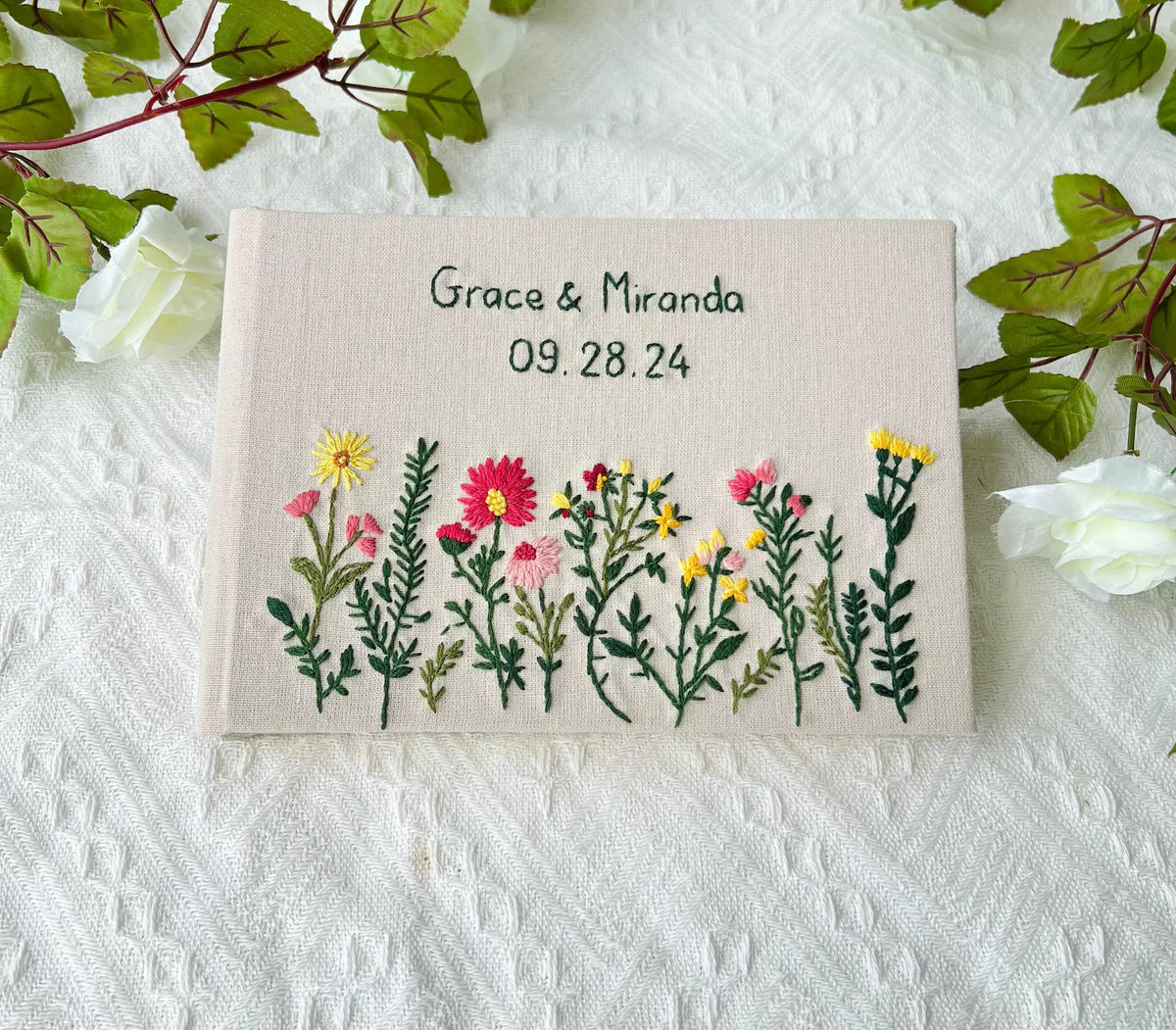 Personalised Guest Book, Your Own Words by The Thread Nest, hand-embroidered linen cover, photo 1