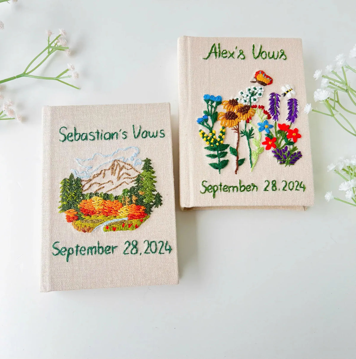 Personalised Vow Book, Mountain or Floral by The Thread Nest, hand-embroidered linen cover, photo 1