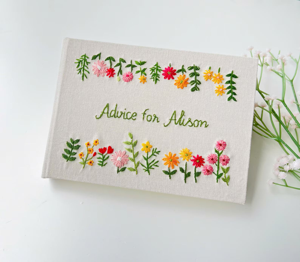 Personalised Guest Book, Your Own Words by The Thread Nest, hand-embroidered linen cover, photo 5