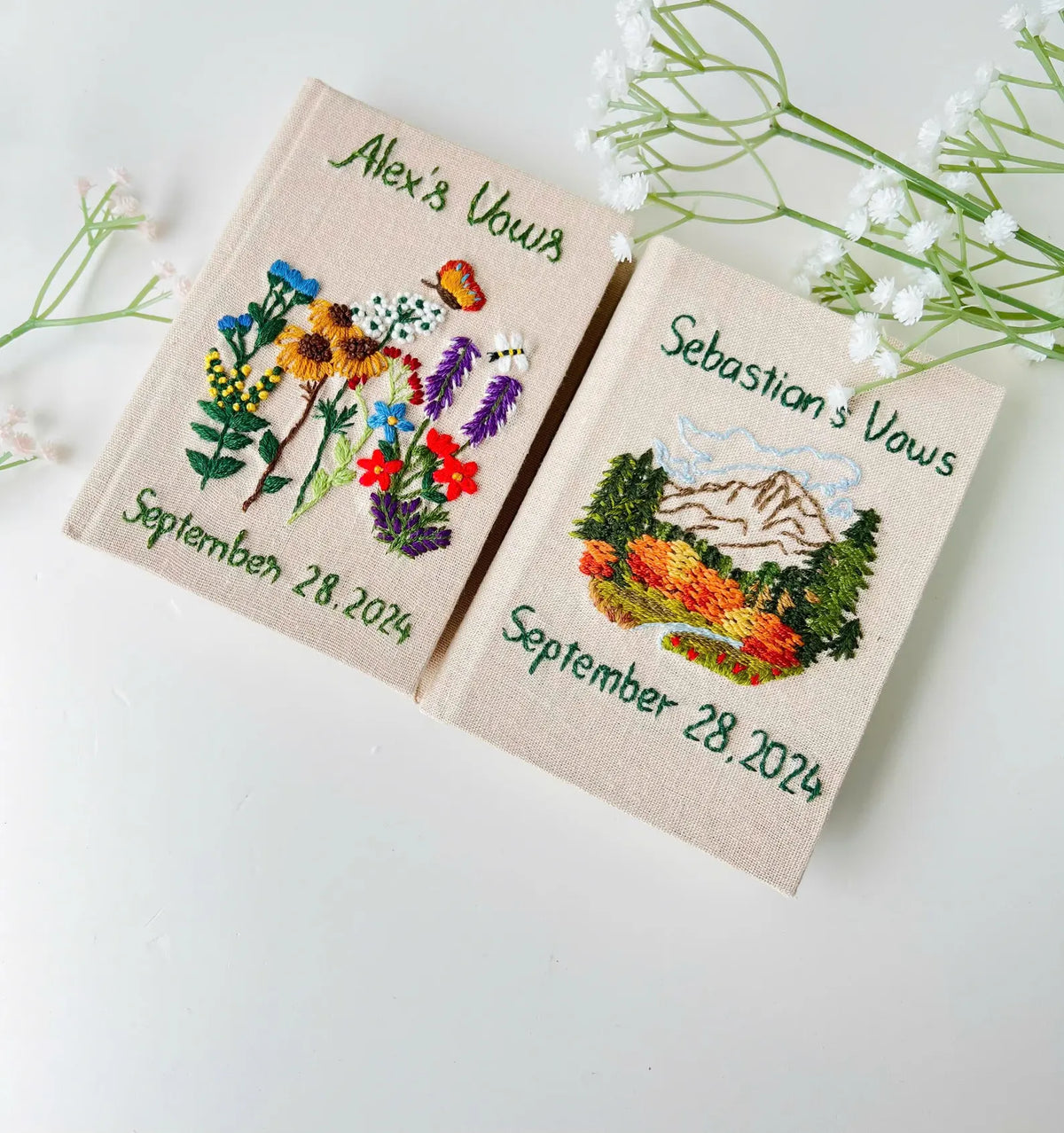 Personalised Vow Book, Mountain or Floral by The Thread Nest, hand-embroidered linen cover, photo 2
