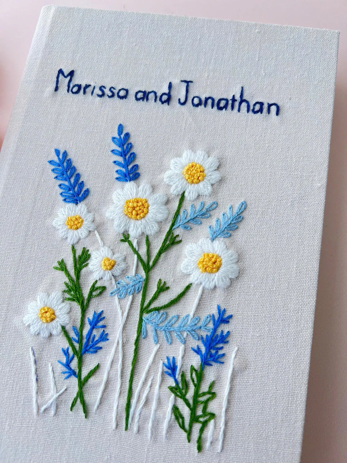 Two Names Daisy Journal, White Linen by The Thread Nest, hand-embroidered linen cover, photo 3