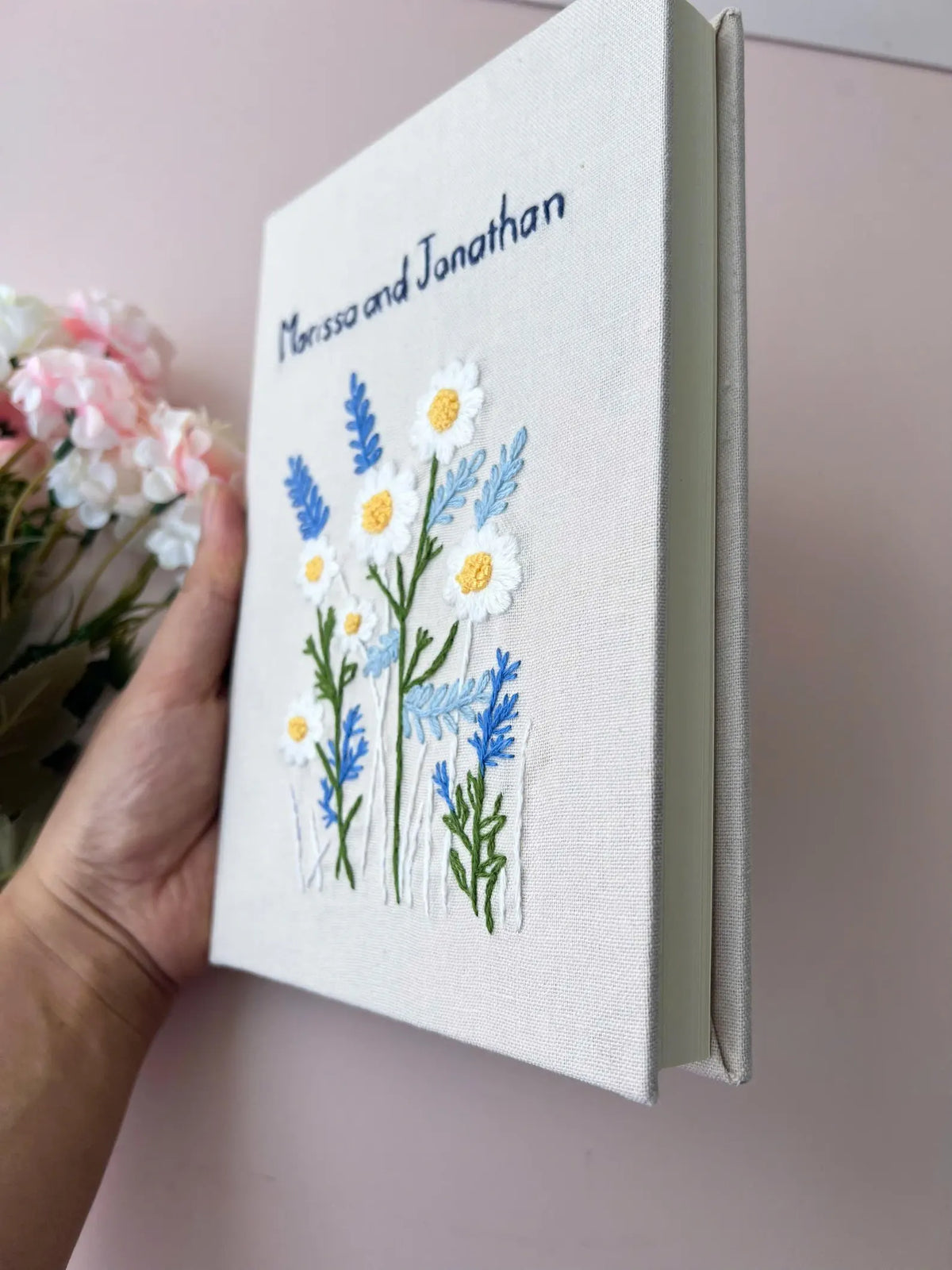 Two Names Daisy Journal, White Linen by The Thread Nest, hand-embroidered linen cover, photo 4