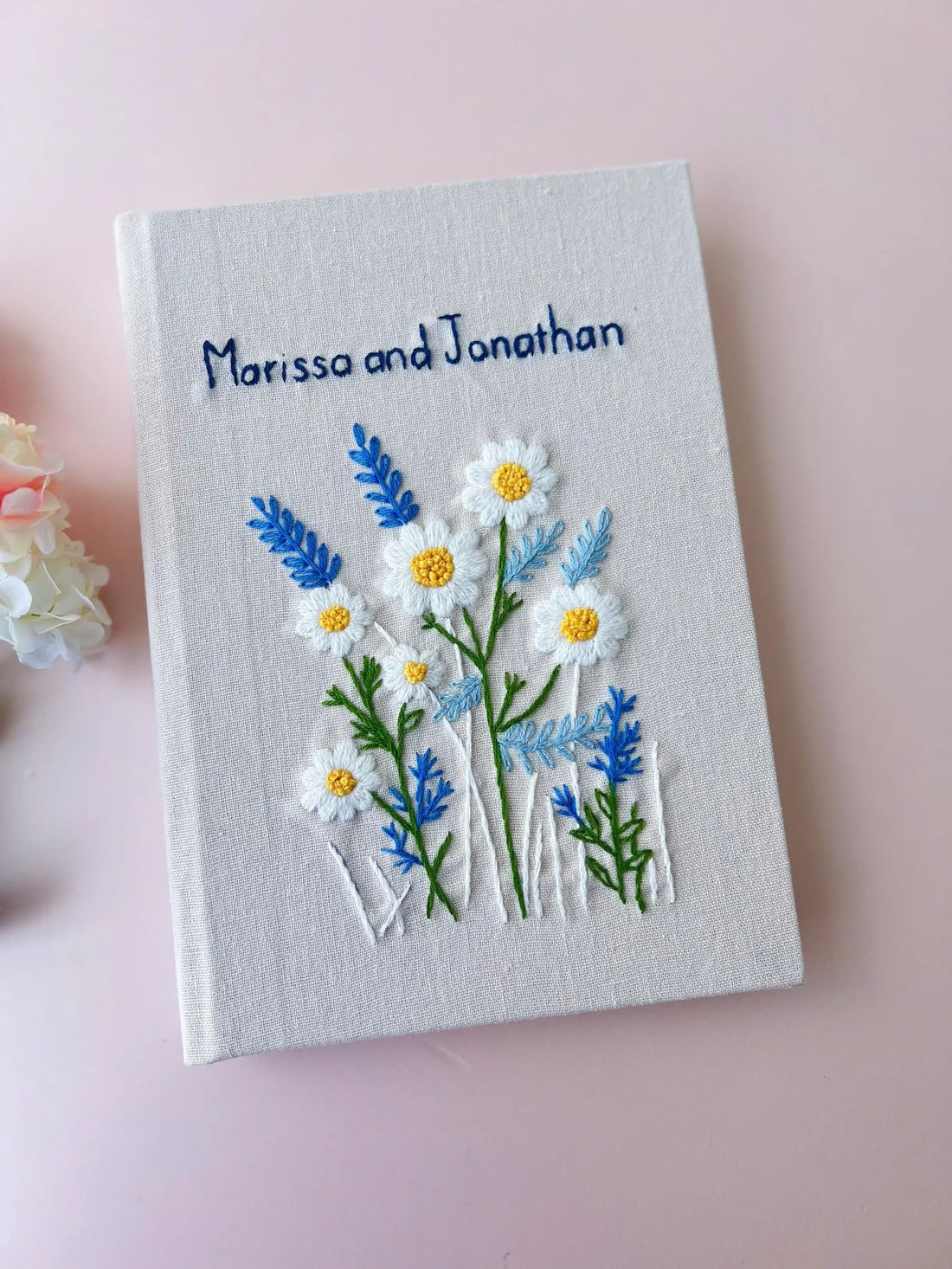 Two Names Daisy Journal, White Linen by The Thread Nest, hand-embroidered linen cover, photo 1