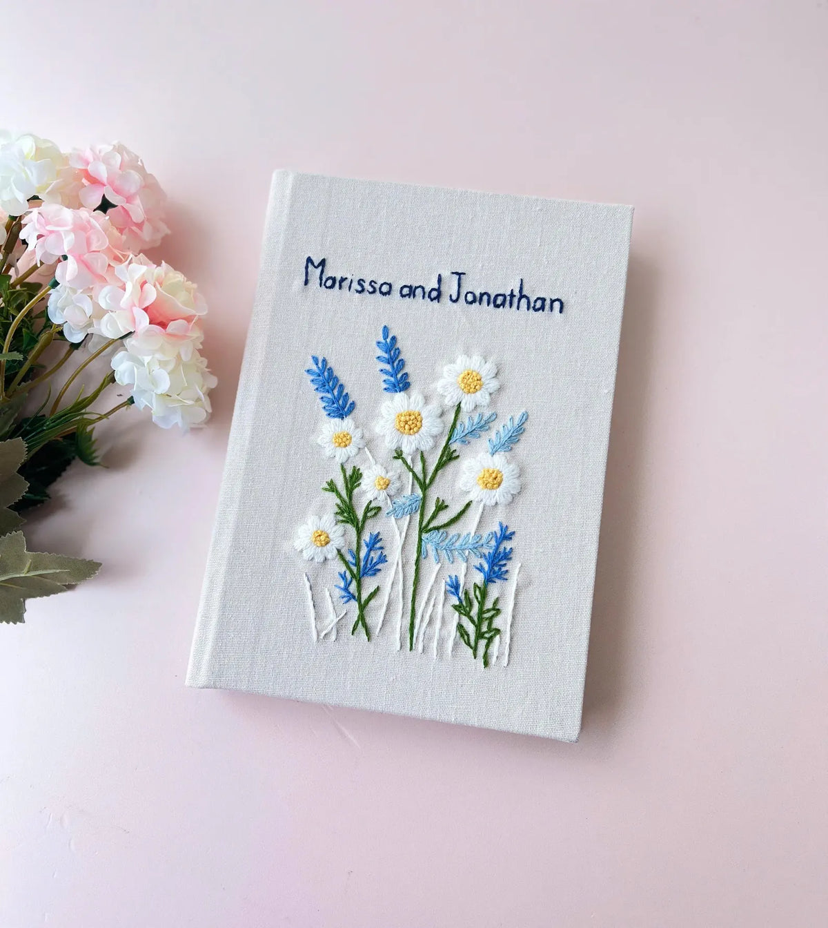 Two Names Daisy Journal, White Linen by The Thread Nest, hand-embroidered linen cover, photo 1