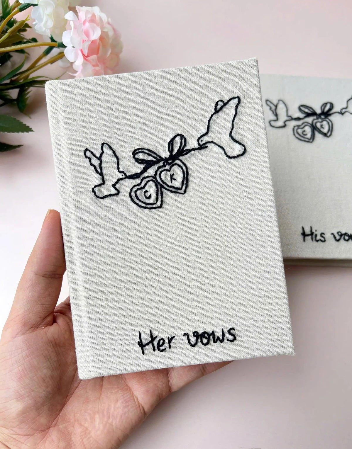His & Her Vows Book, Black on White Linen by The Thread Nest, hand-embroidered linen cover, photo 3