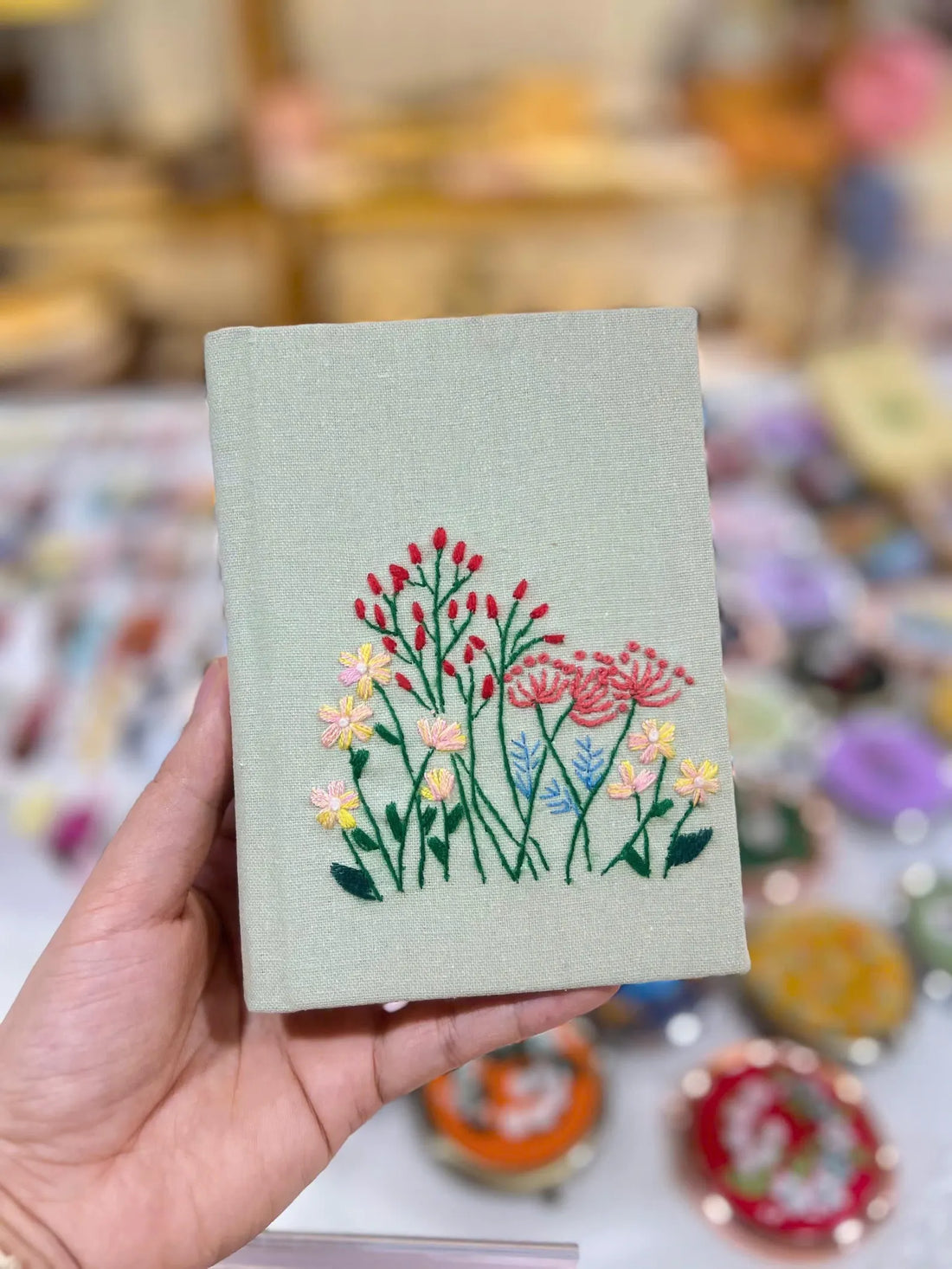Sage Linen Journal with Scattered Wildflowers by The Thread Nest, hand-embroidered linen cover, photo 1